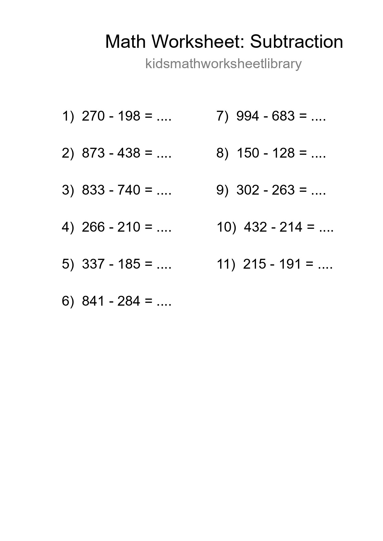 Grade 5 Subtraction Practice Worksheet (11 Problems) - Part 74