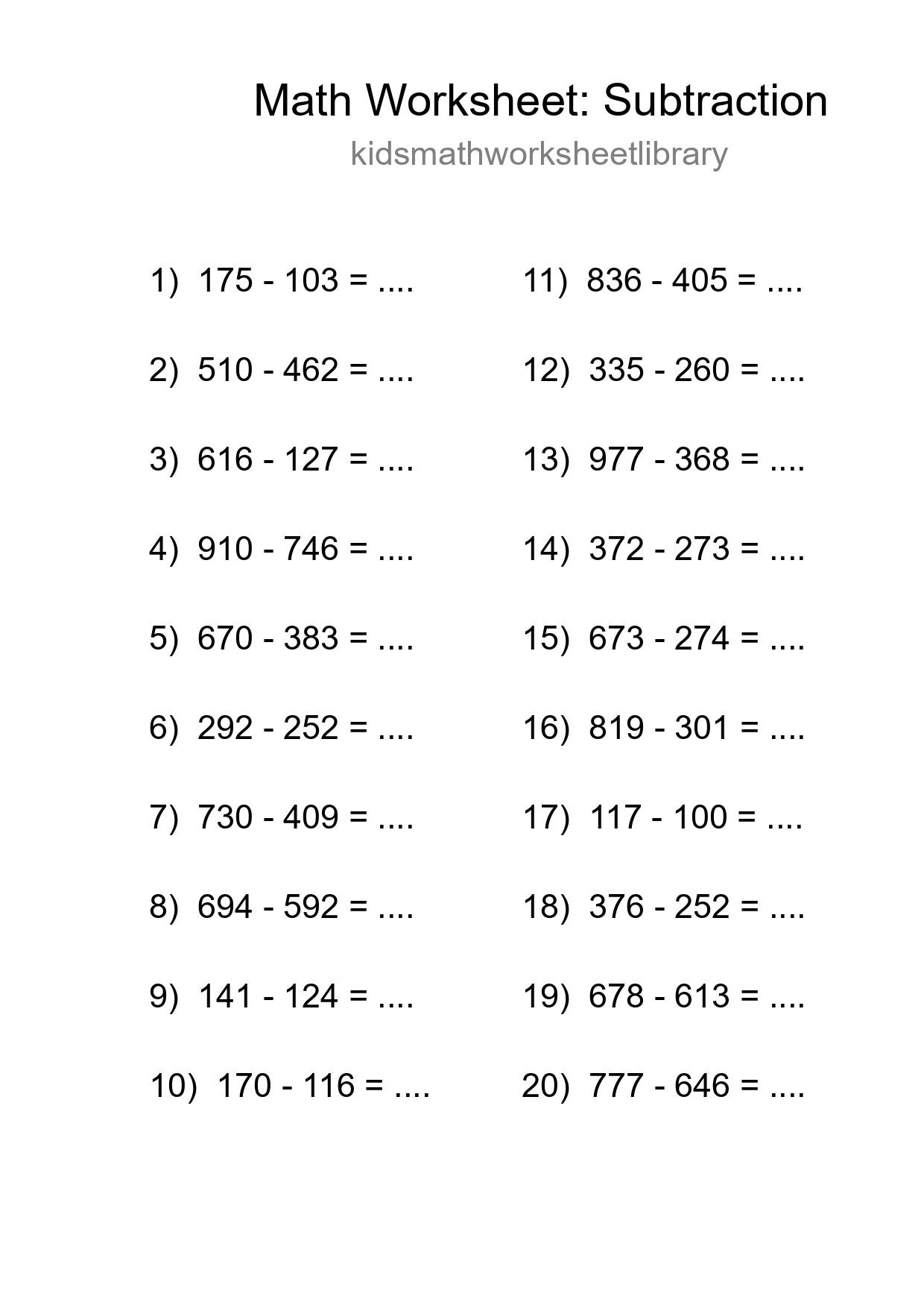 Grade 5 Subtraction Practice Worksheet (20 Problems) - Part 96