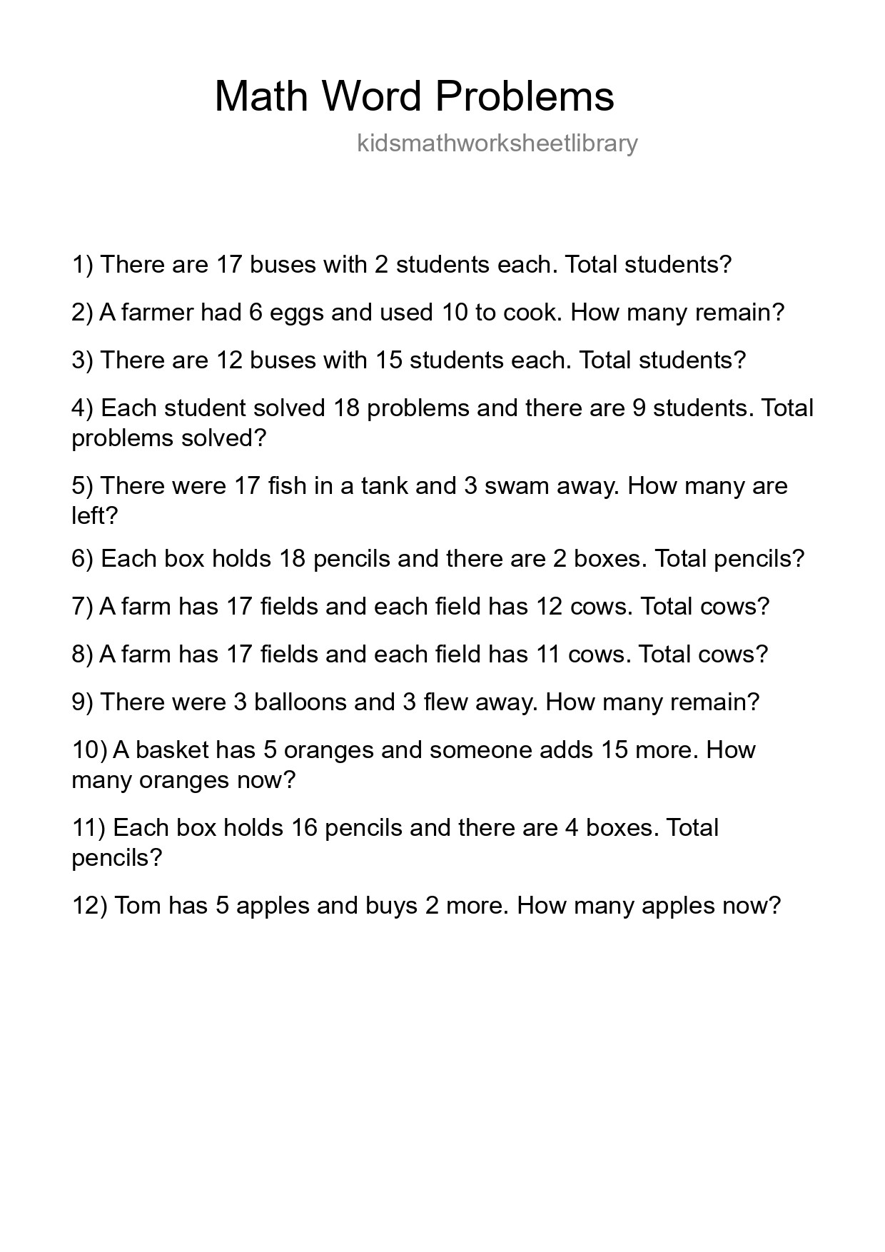 Math Word Problem Worksheet
