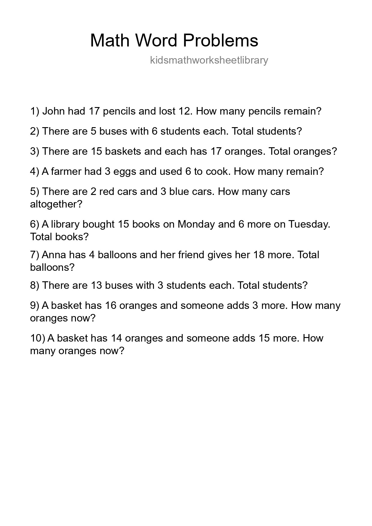 Math Word Problem Worksheet