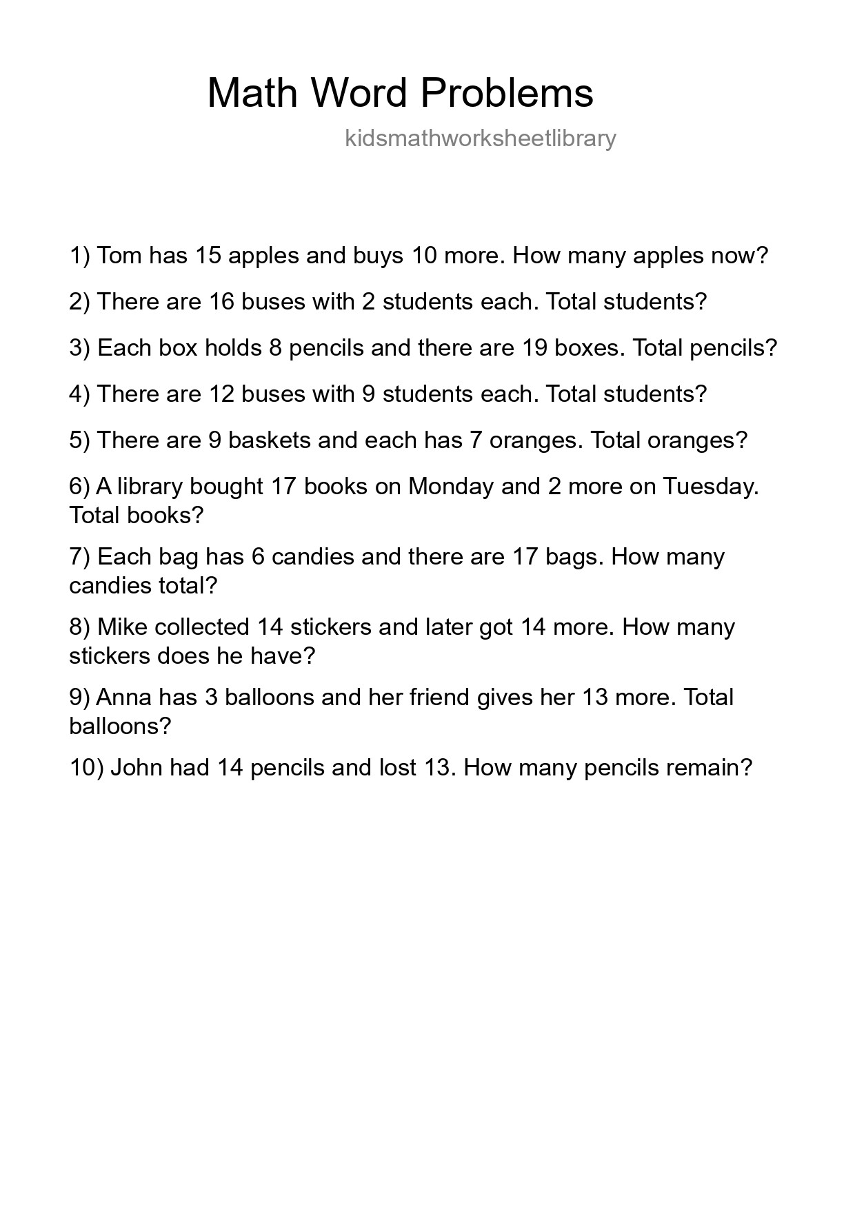 Math Word Problem Worksheet