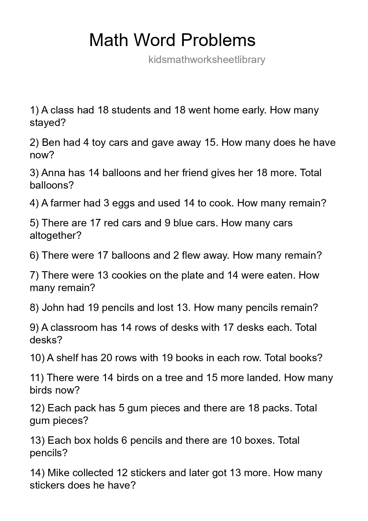 Math Word Problem Worksheet