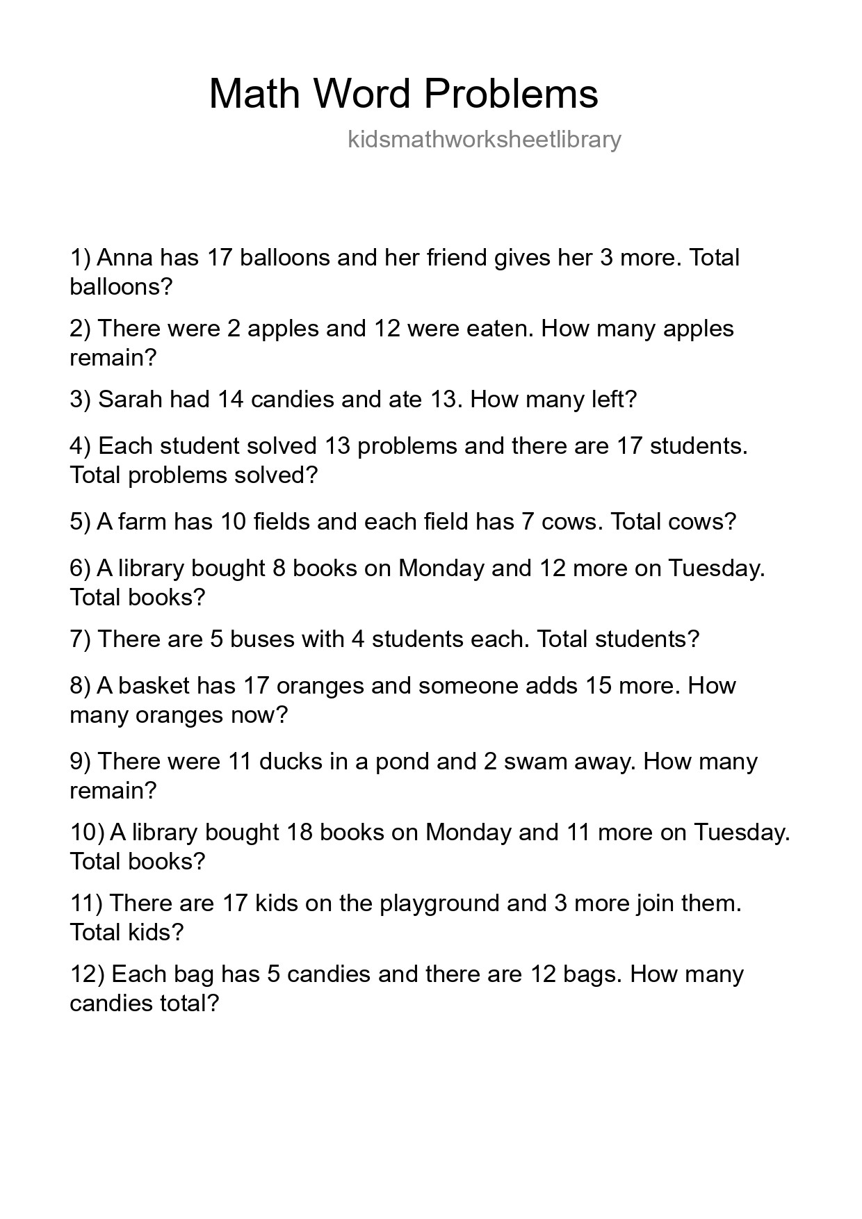 Math Word Problem Worksheet