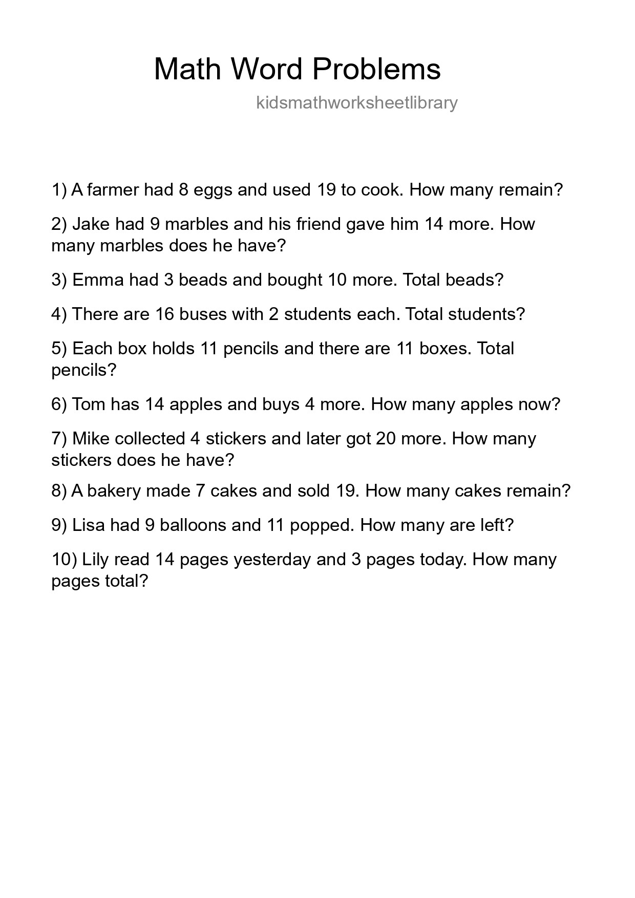 Math Word Problem Worksheet