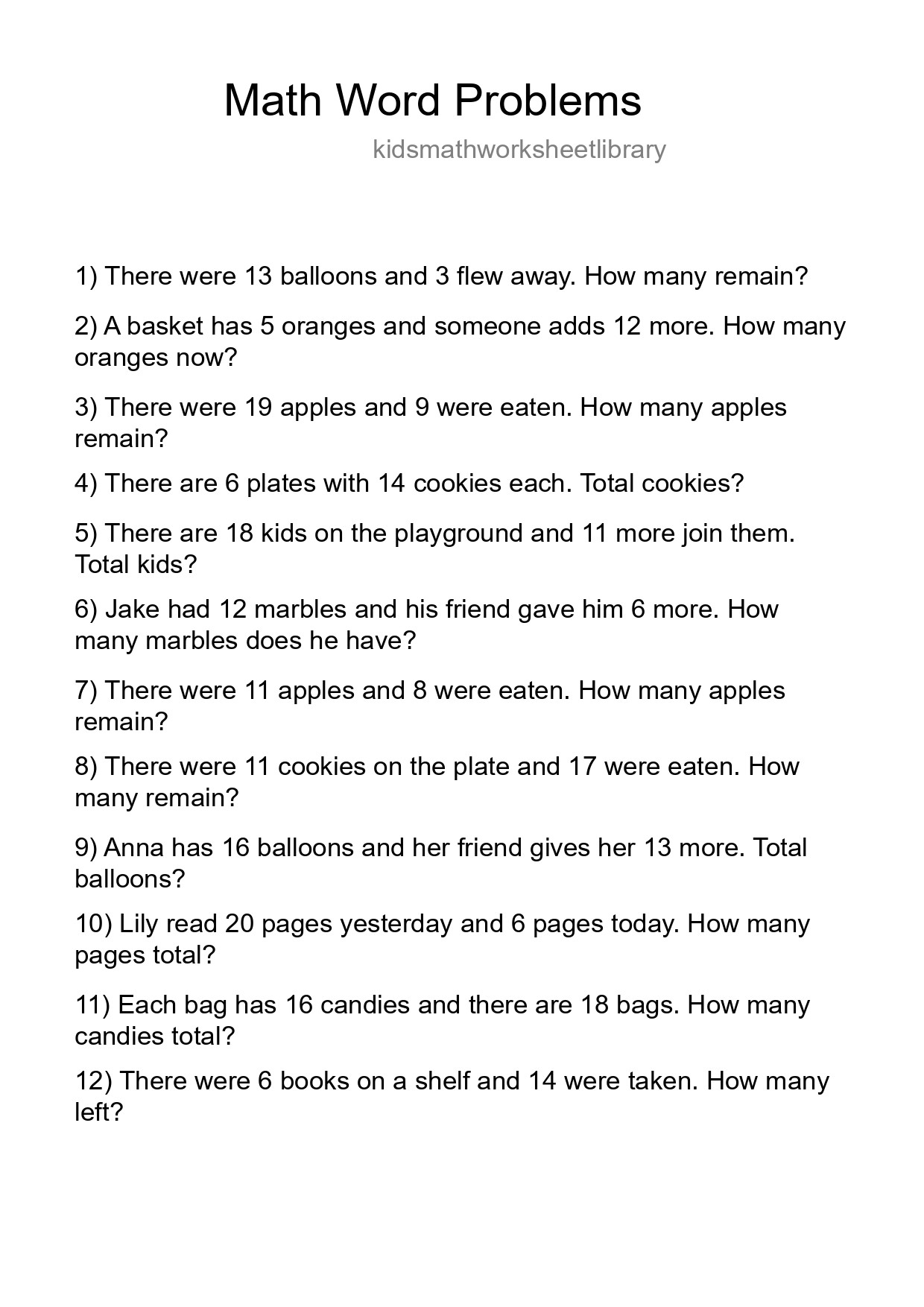 Math Word Problem Worksheet