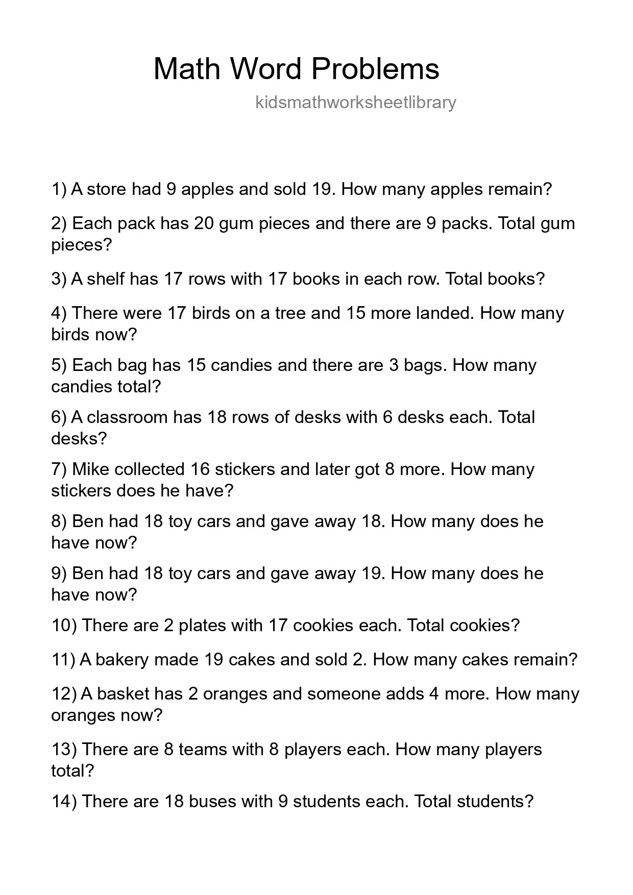 Math Word Problem Worksheet