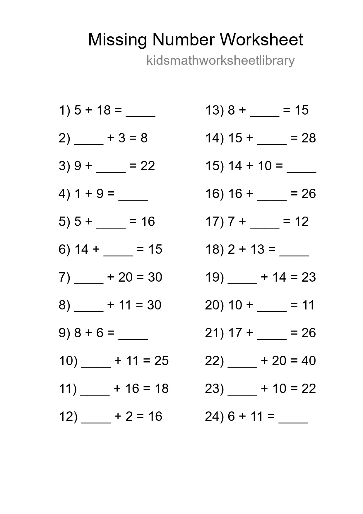 Missing Number Math Worksheet