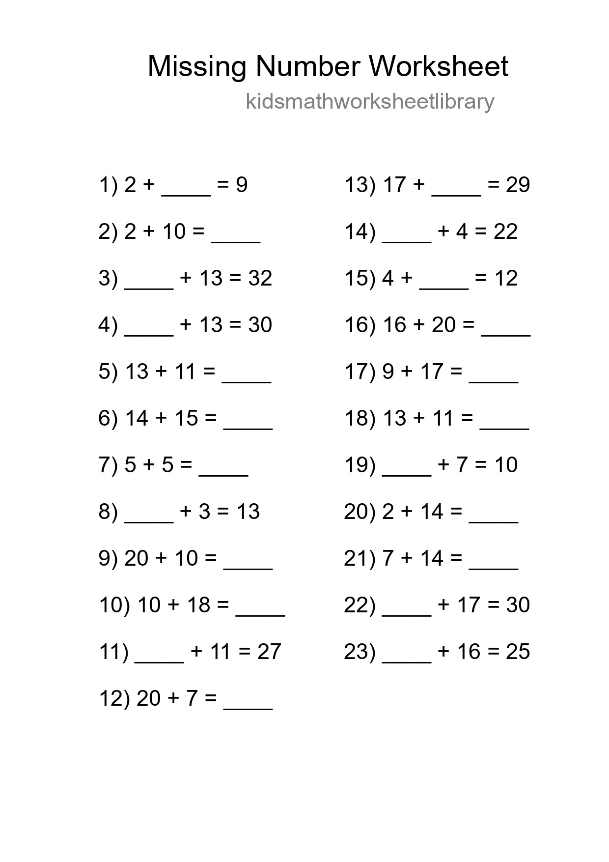 Missing Number Math Worksheet