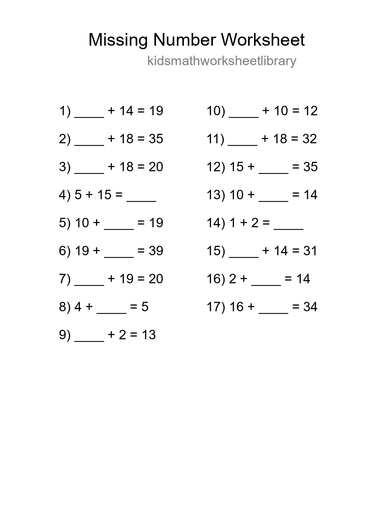 Missing Number Math Worksheet