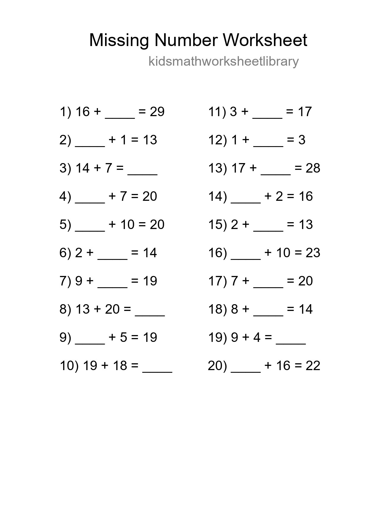 Missing Number Math Worksheet