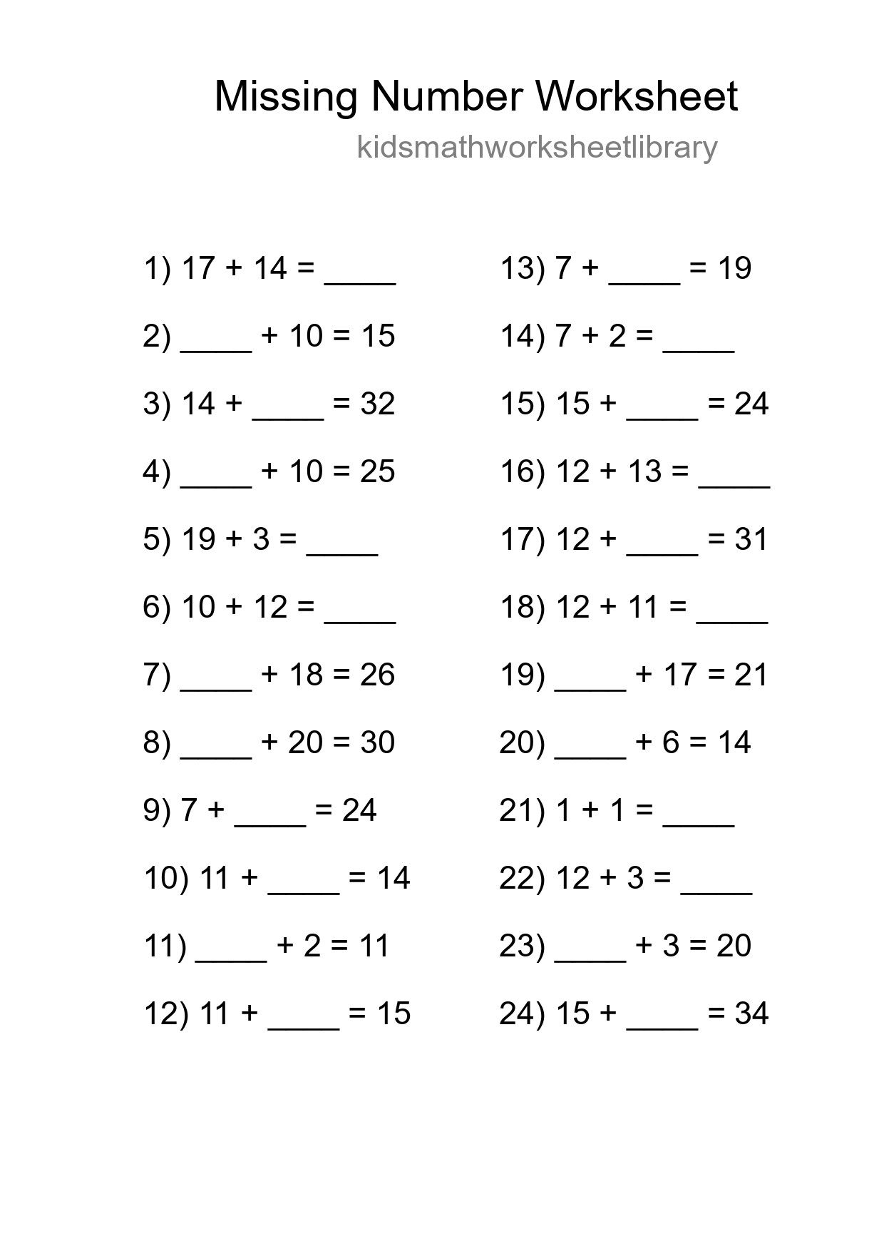 Missing Number Math Worksheet