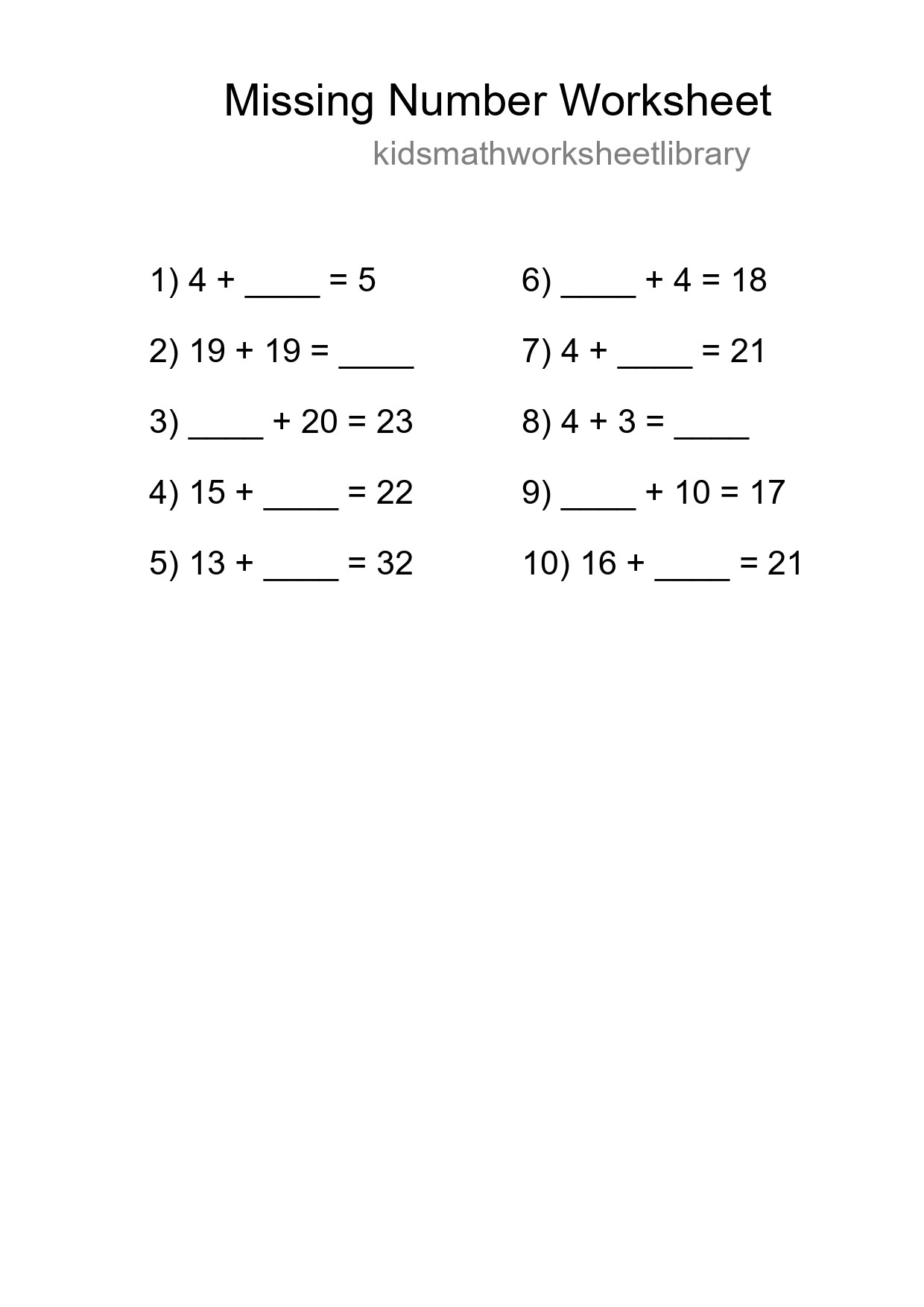Missing Number Math Worksheet