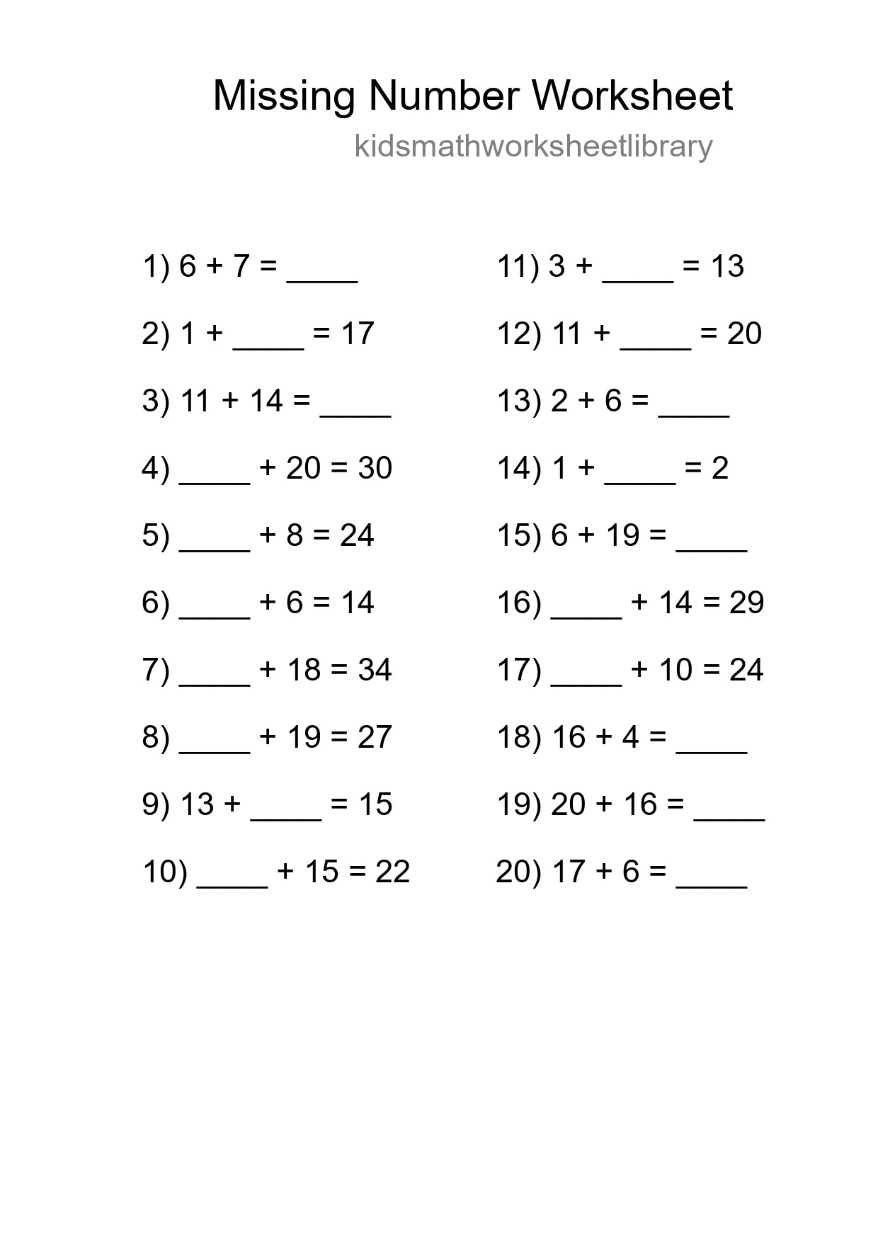 Missing Number Math Worksheet