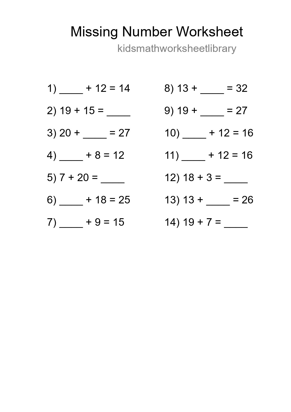 Missing Number Math Worksheet