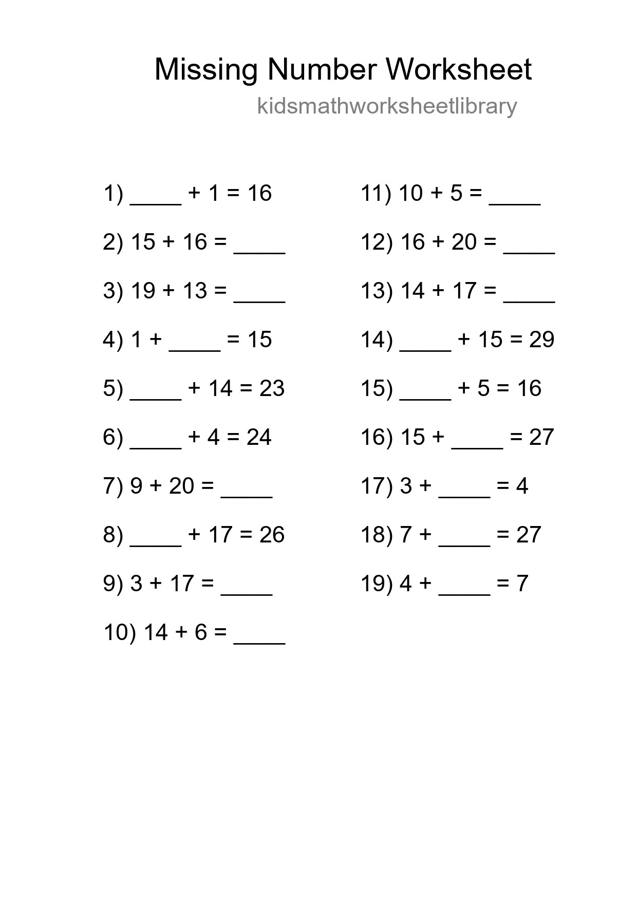 Missing Number Math Worksheet