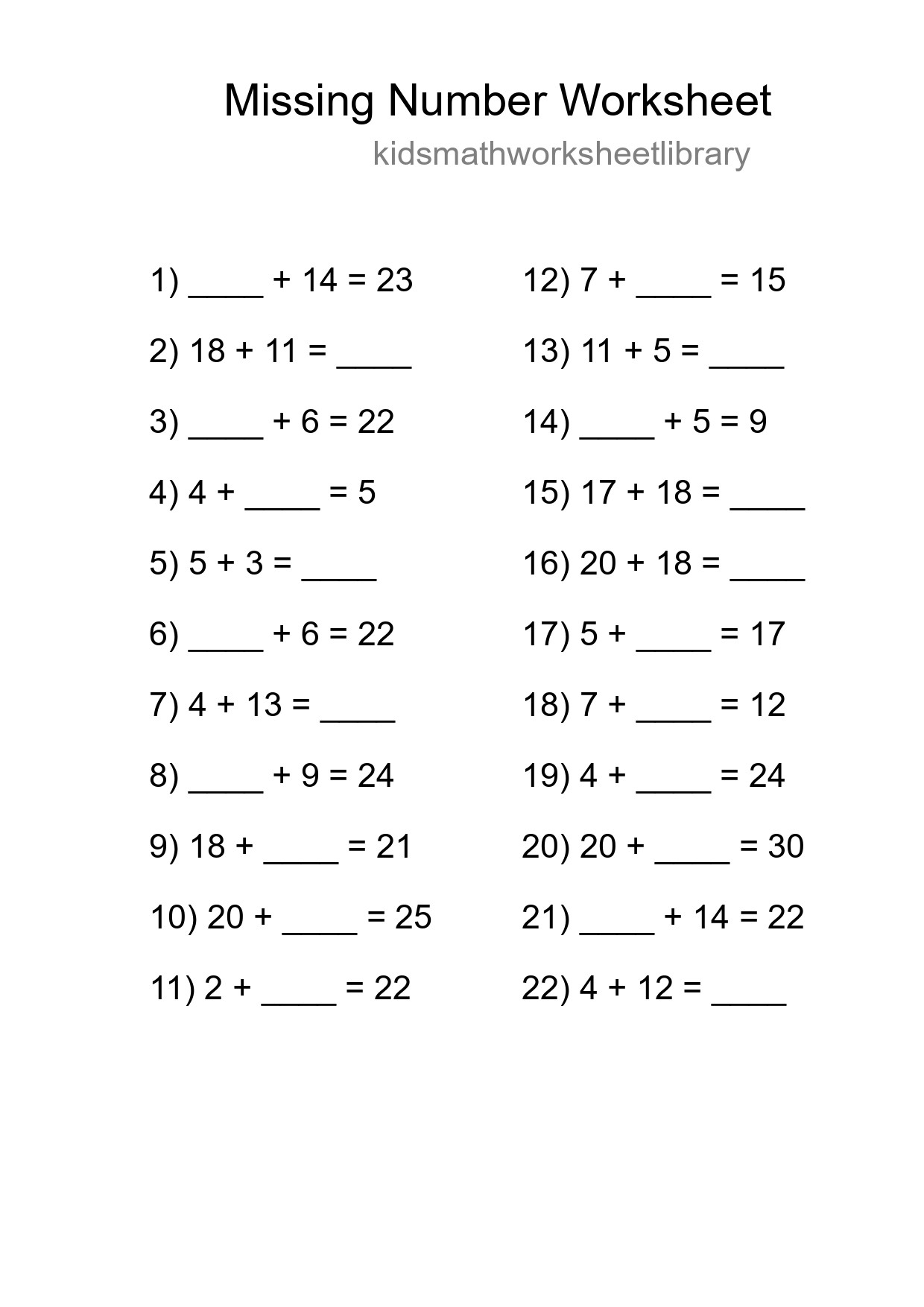 Missing Number Math Worksheet