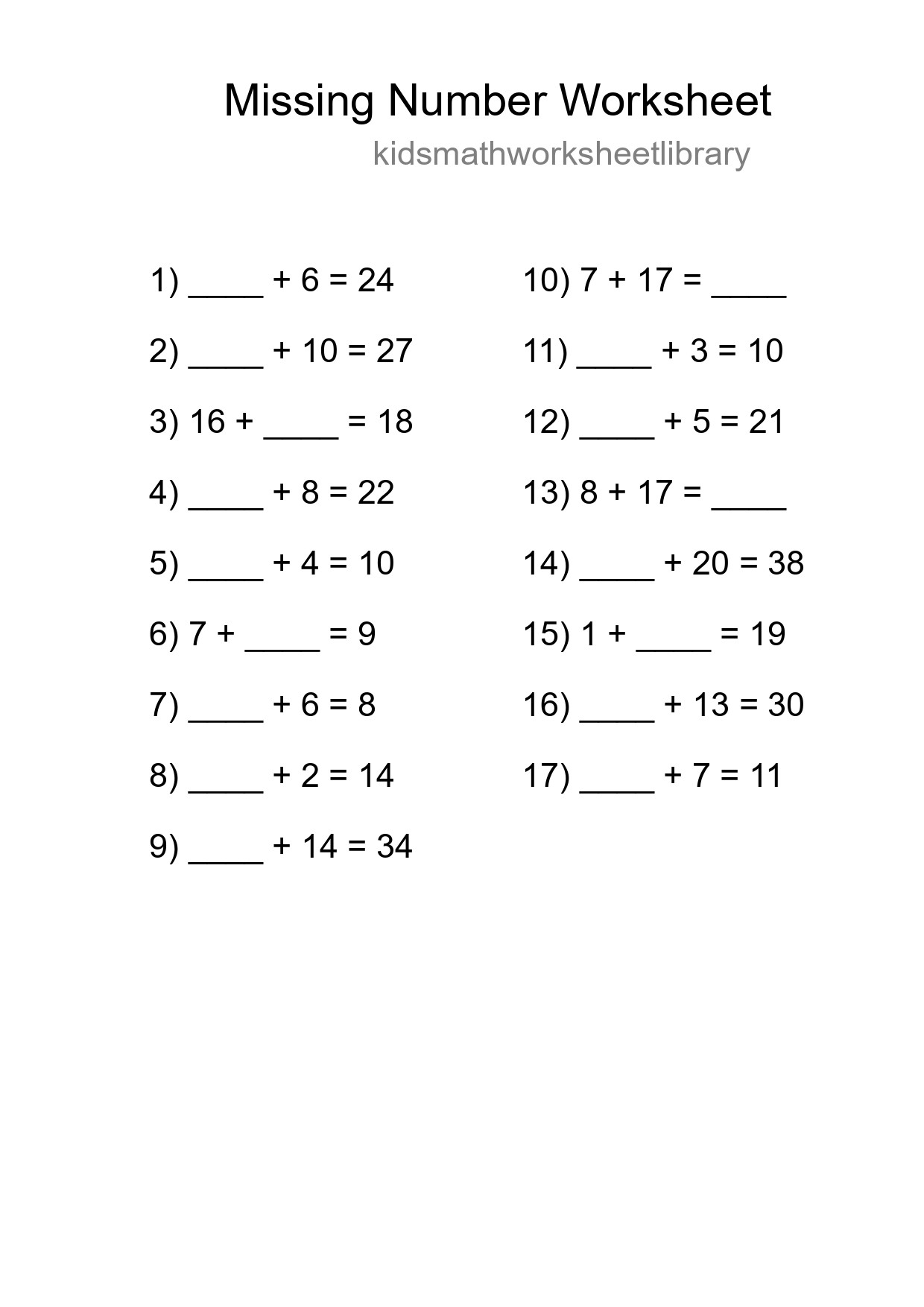 Missing Number Math Worksheet