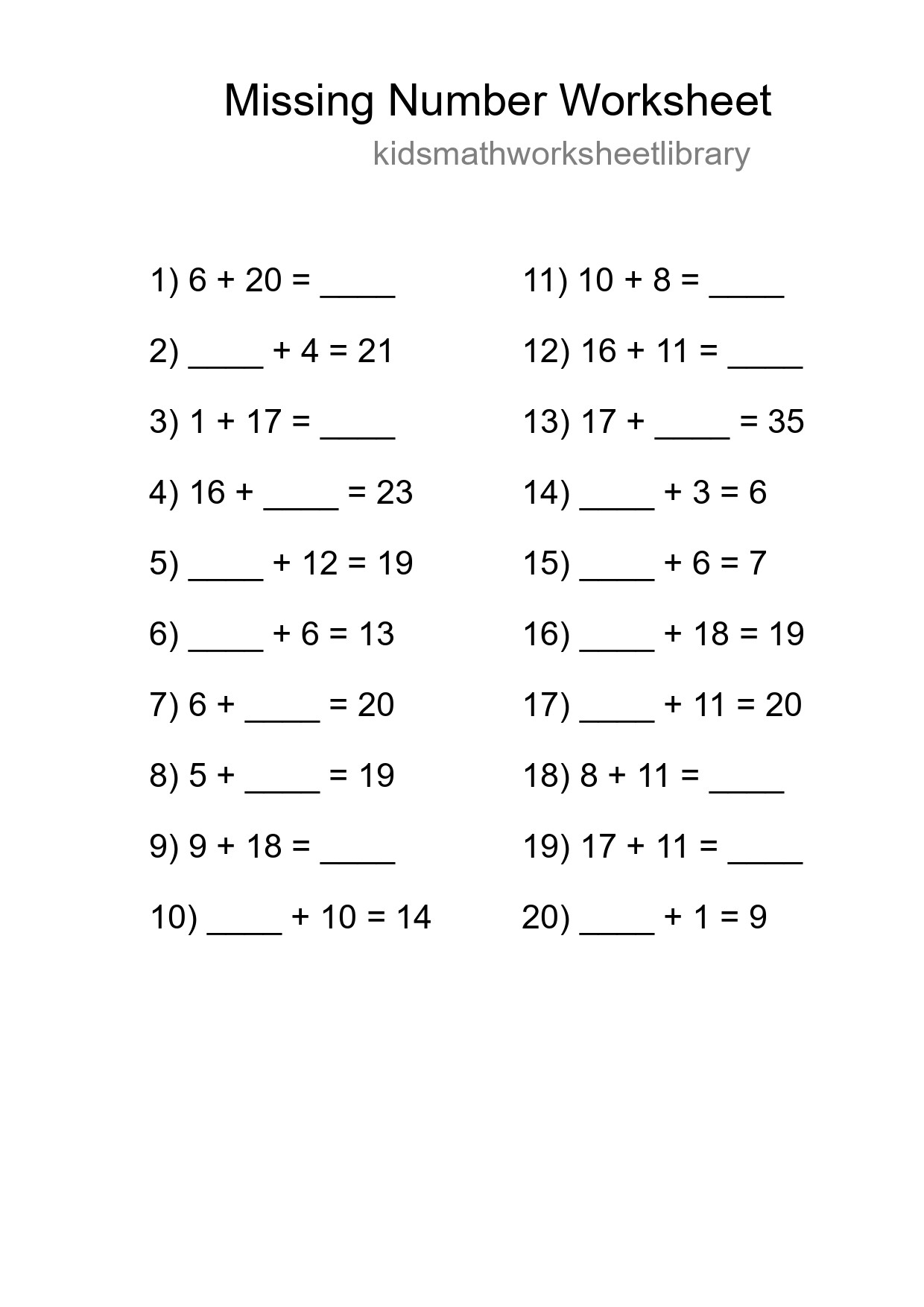 Missing Number Math Worksheet