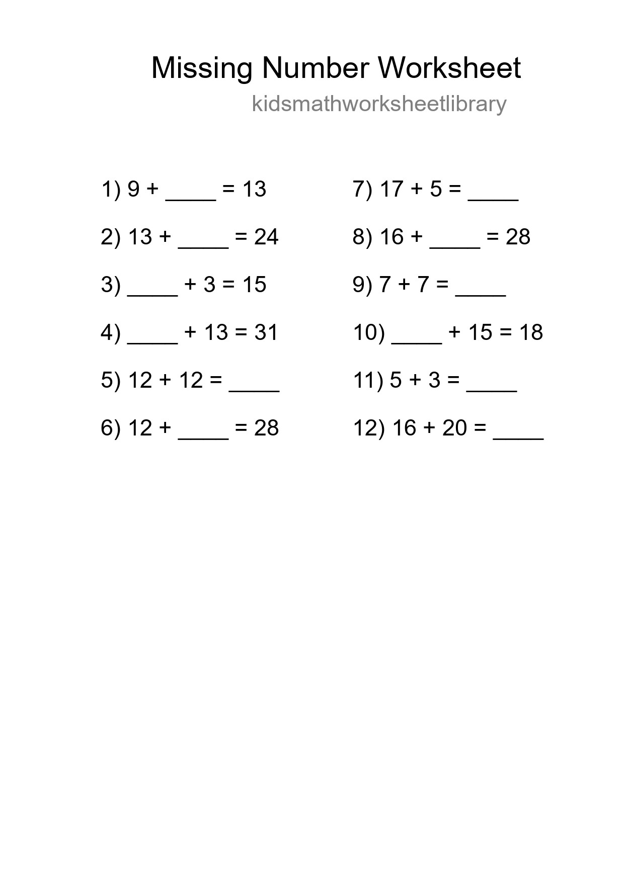 Missing Number Math Worksheet
