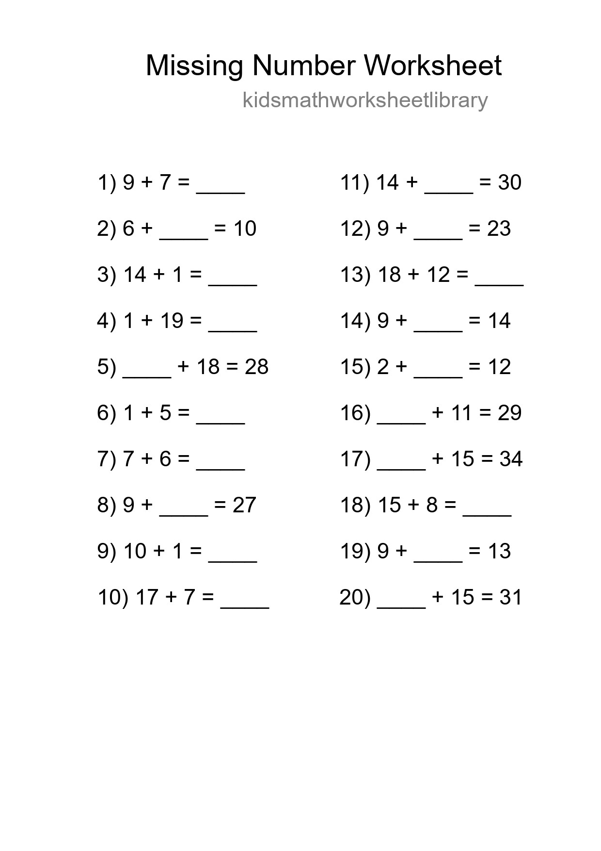 Missing Number Math Worksheet