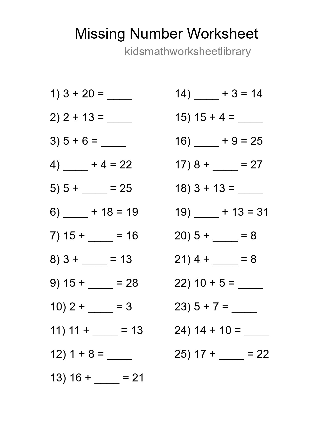 Missing Number Math Worksheet