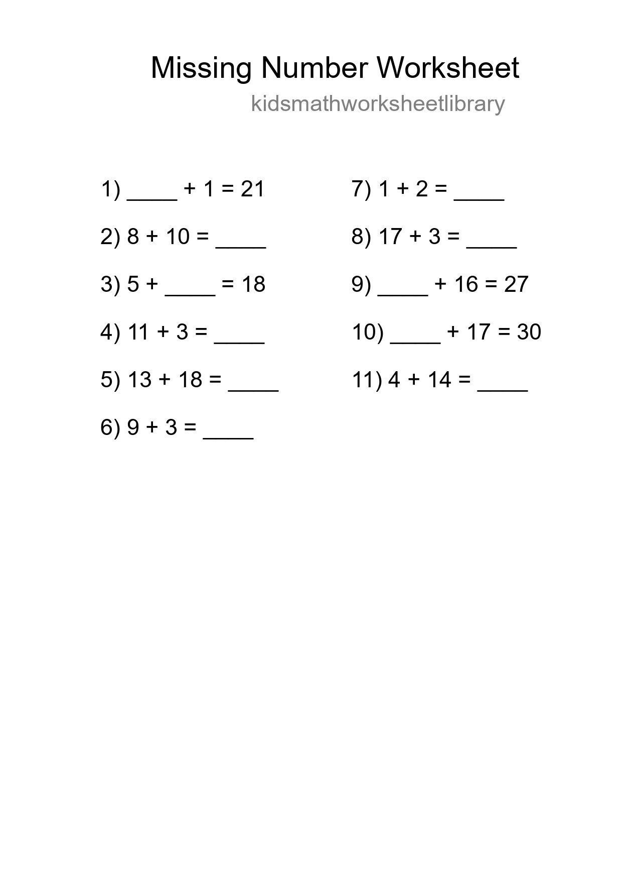 Missing Number Math Worksheet