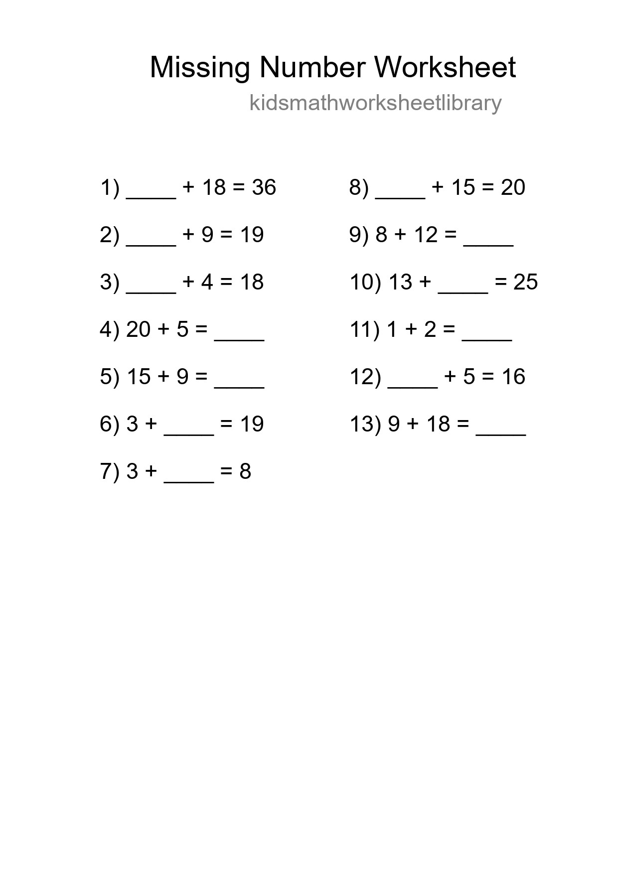 Missing Number Math Worksheet