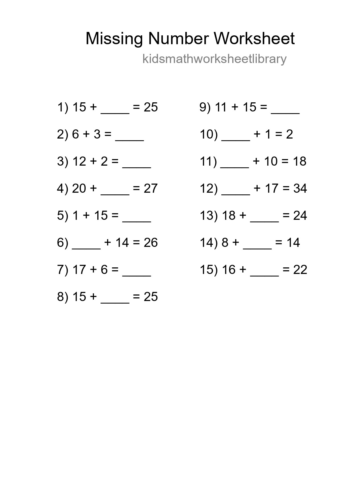 Missing Number Math Worksheet