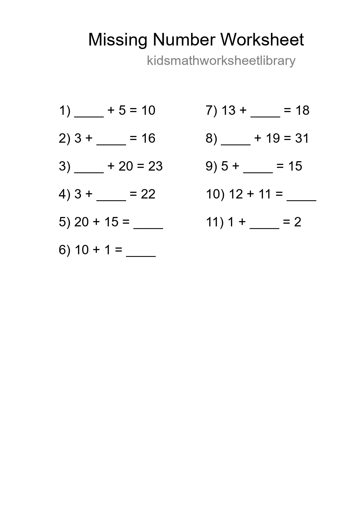Missing Number Math Worksheet