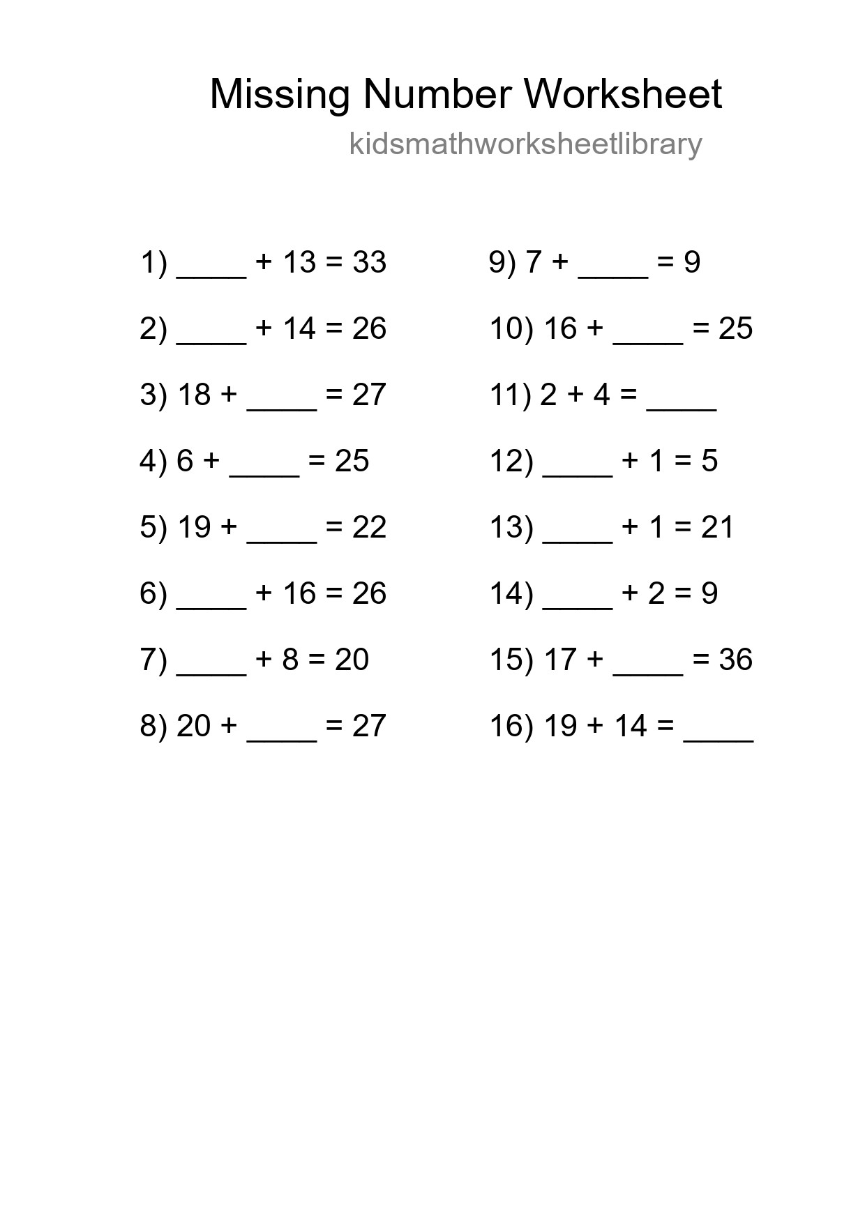 Missing Number Math Worksheet