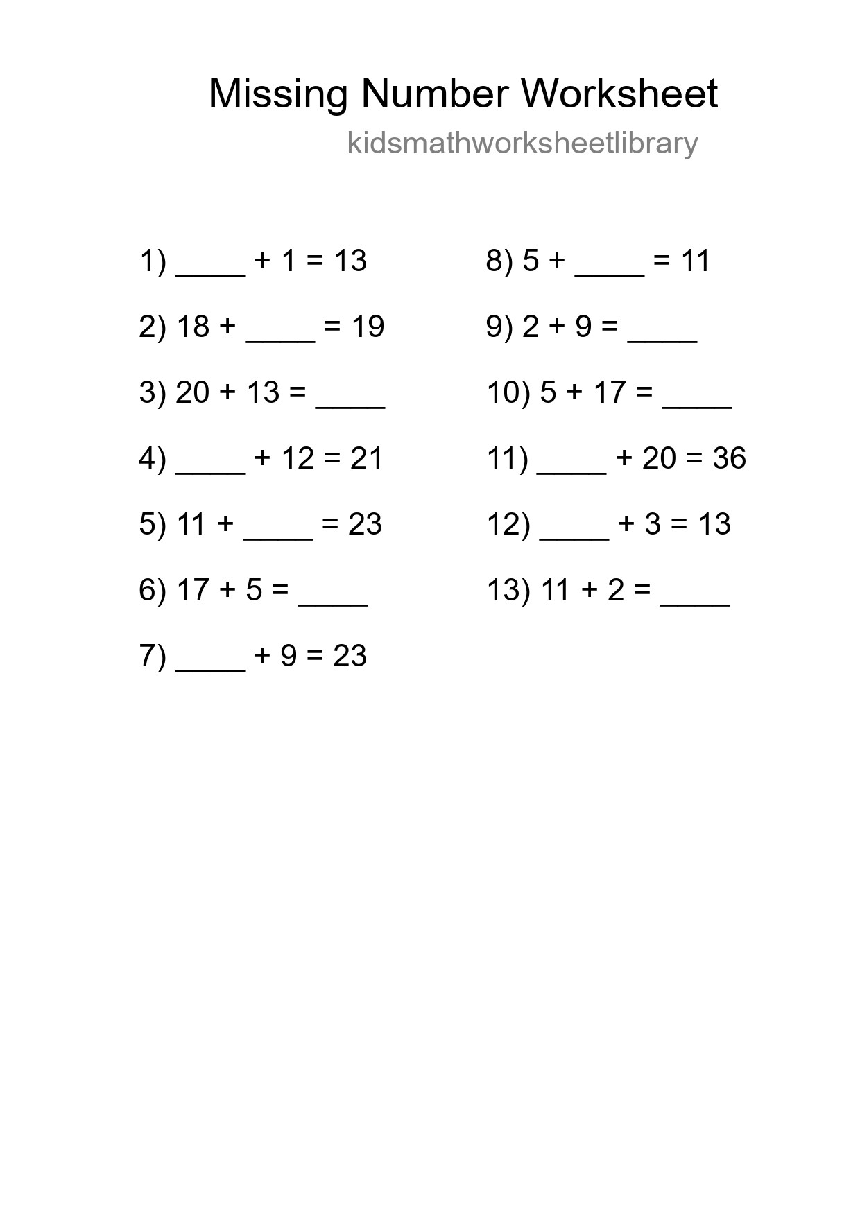 Missing Number Math Worksheet