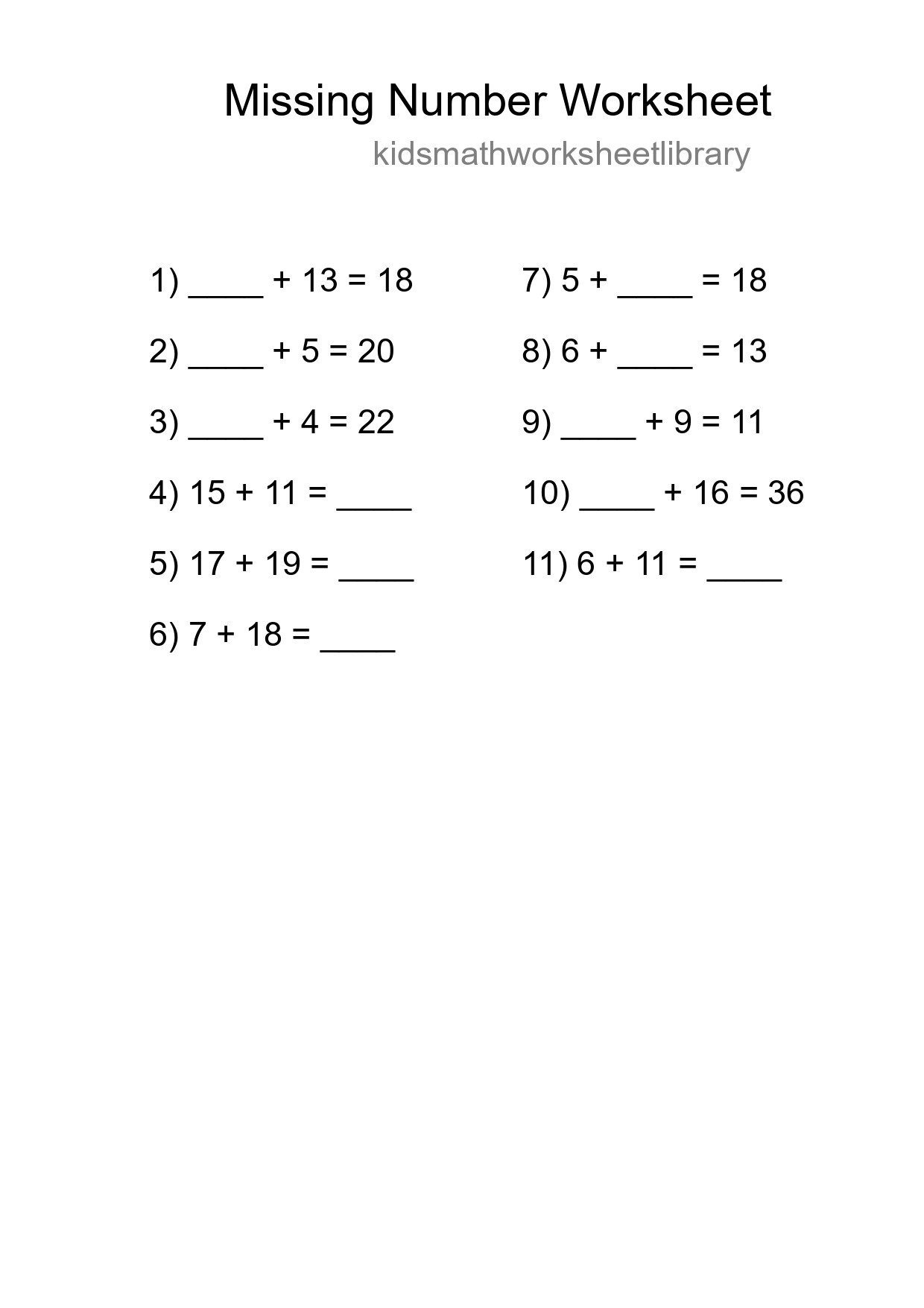 Missing Number Math Worksheet