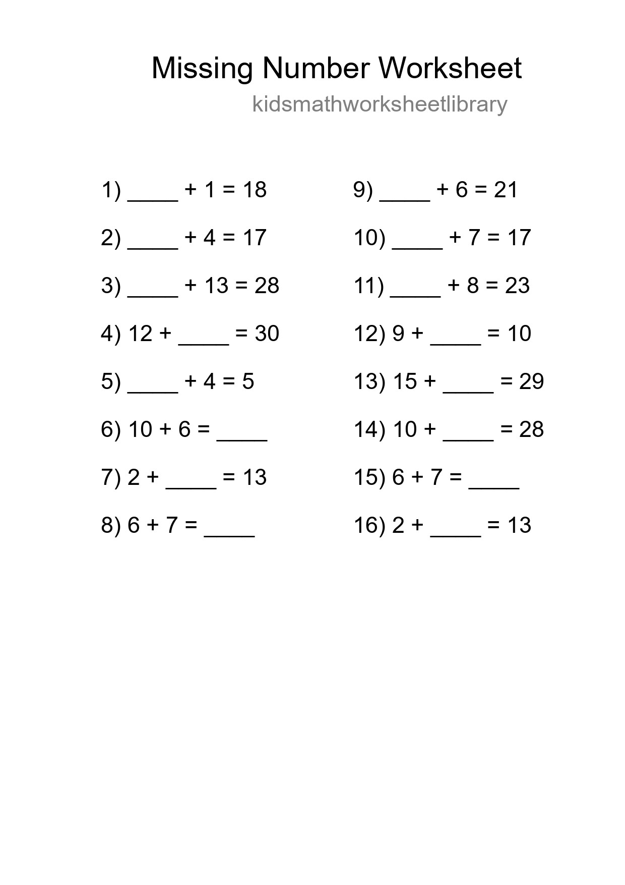 Missing Number Math Worksheet