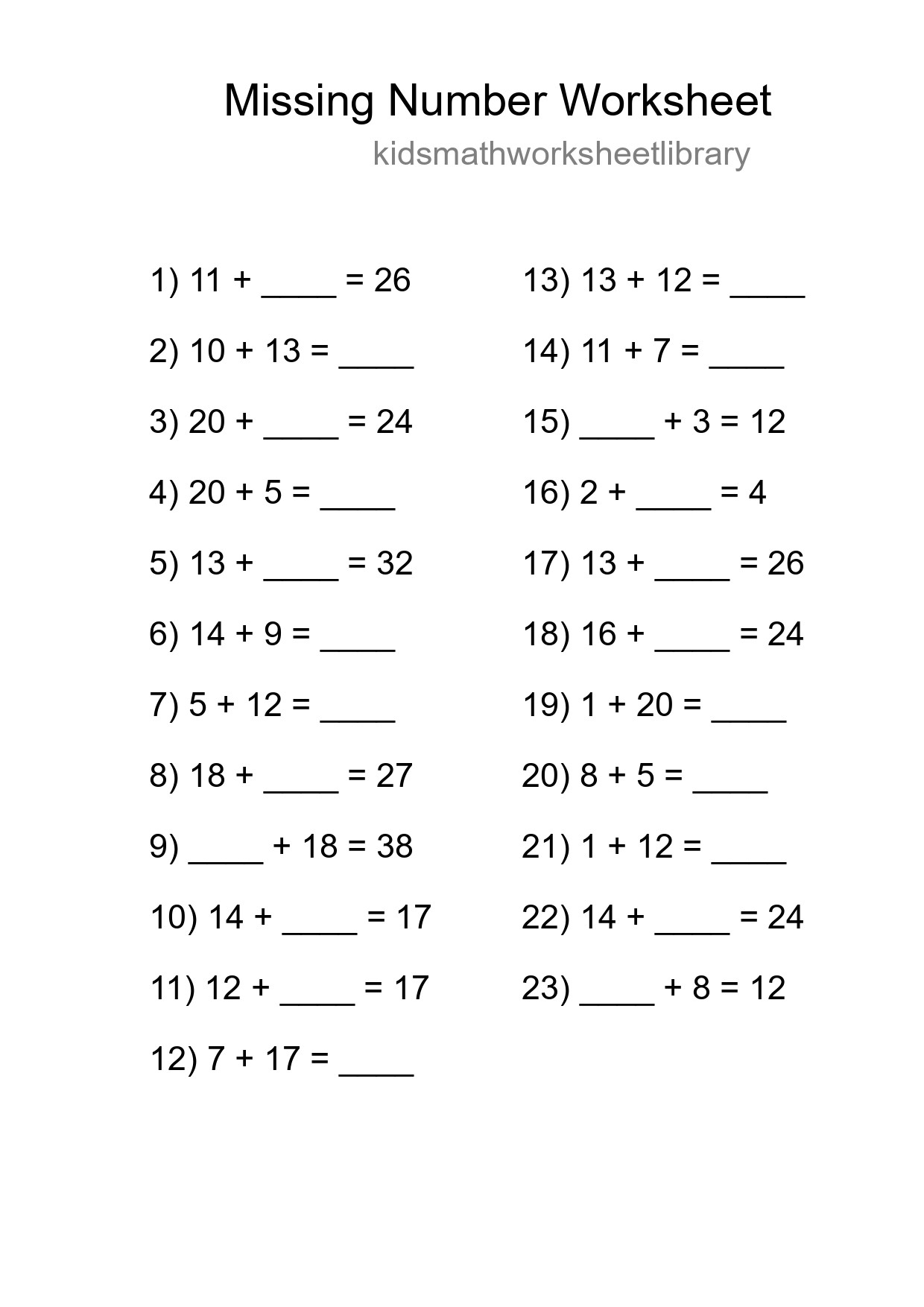 Missing Number Math Worksheet