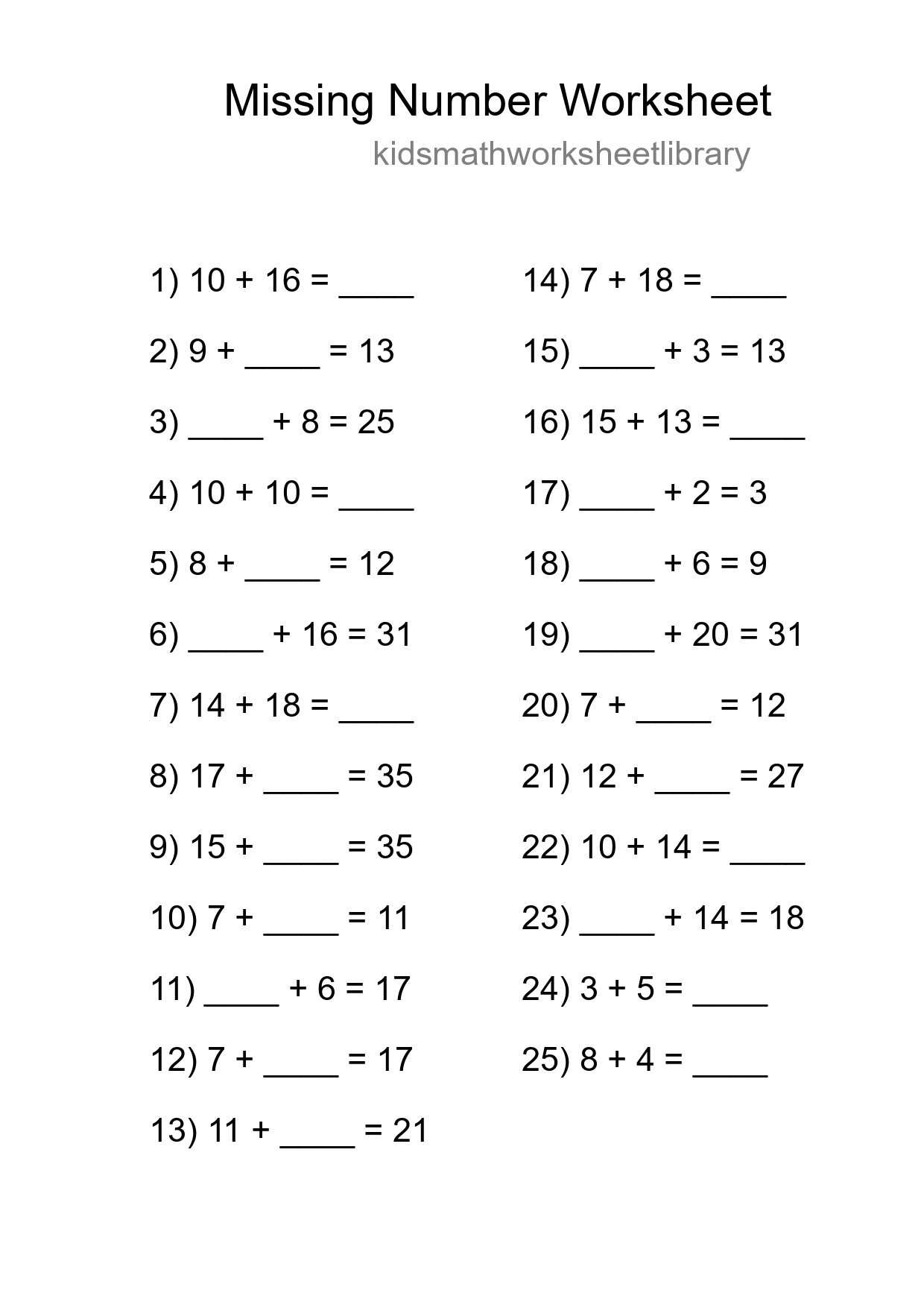 Missing Number Math Worksheet