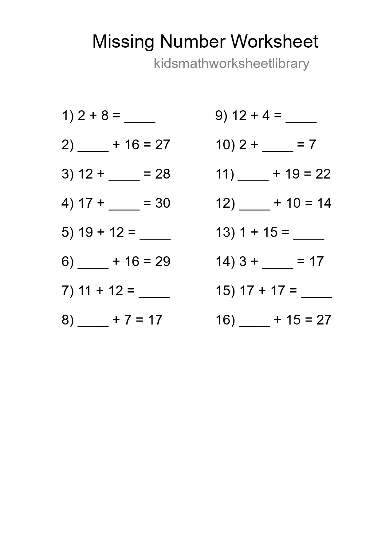 Missing Number Math Worksheet