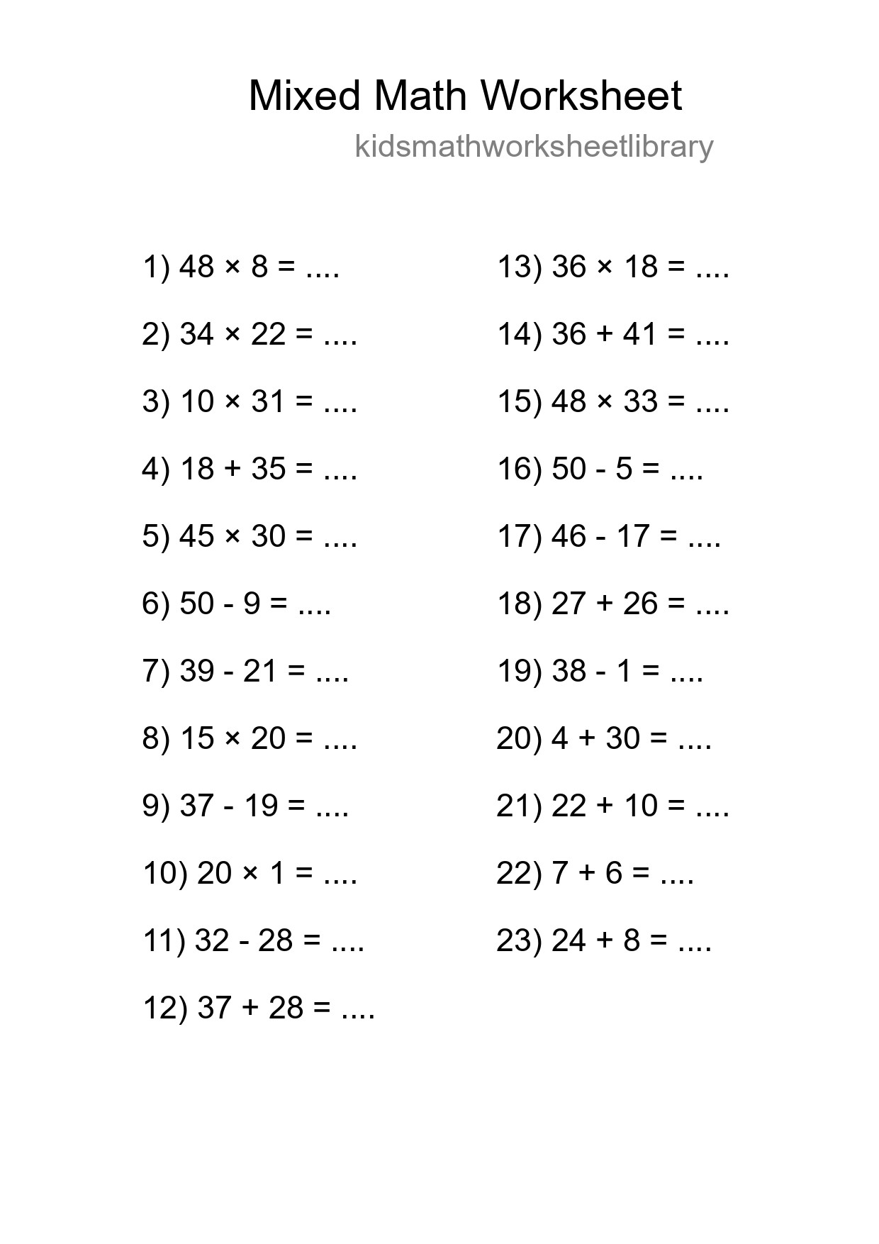 Mixed Operations Math Worksheet