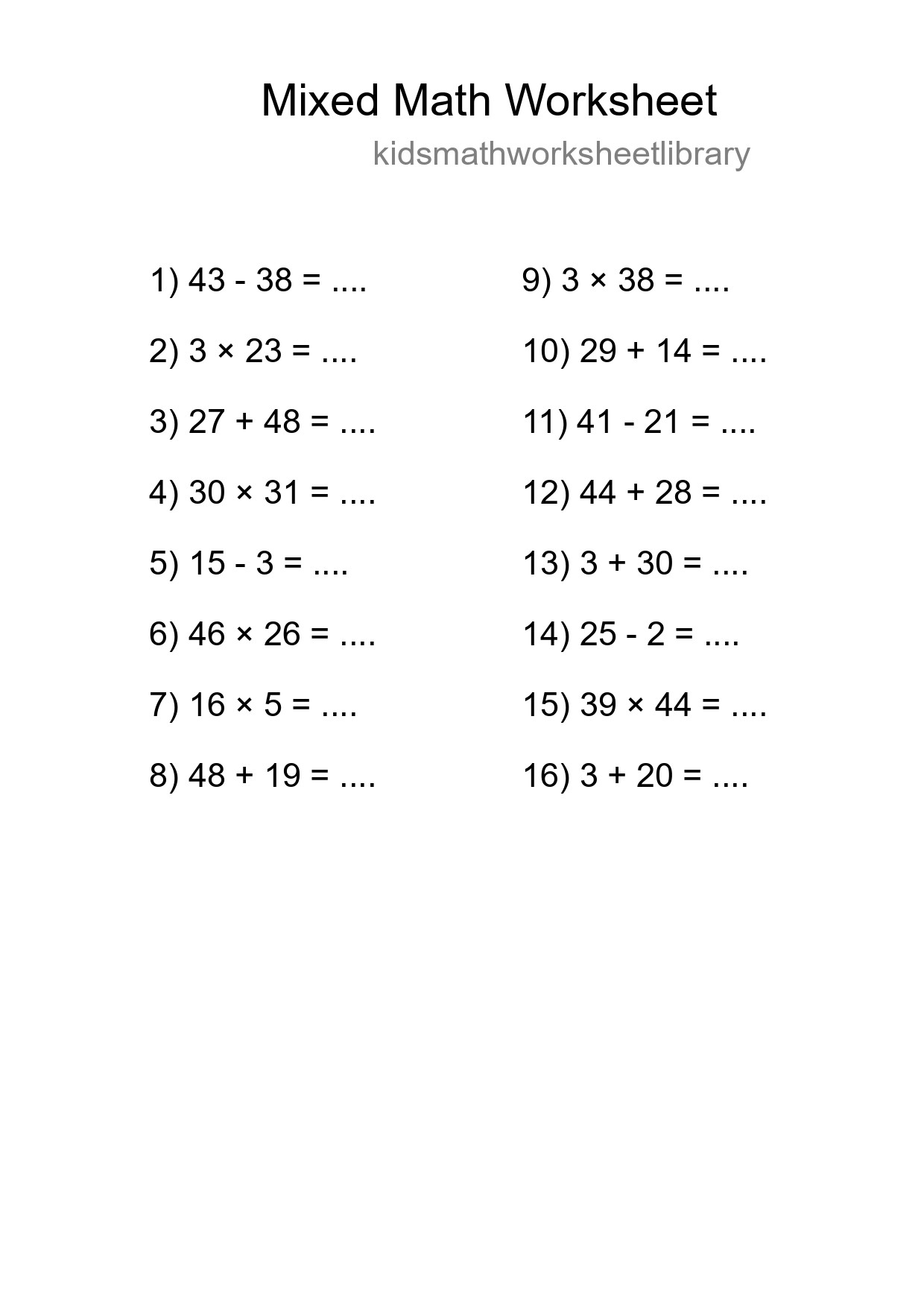 Mixed Operations Math Worksheet