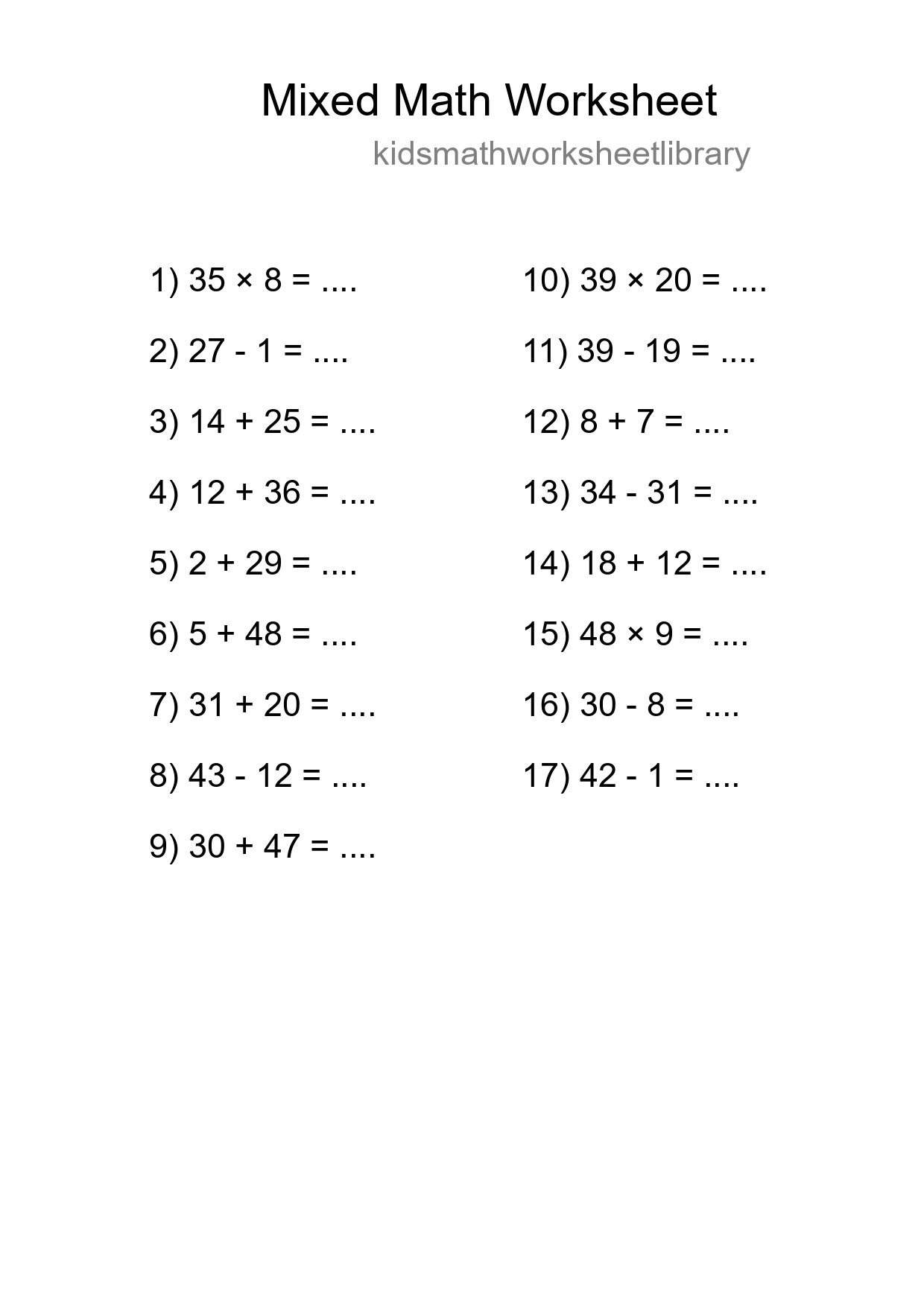 Mixed Operations Math Worksheet