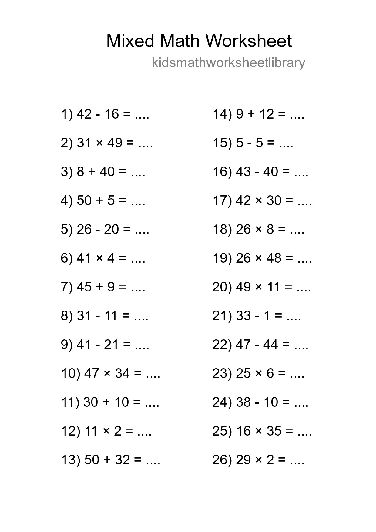 Mixed Operations Math Worksheet
