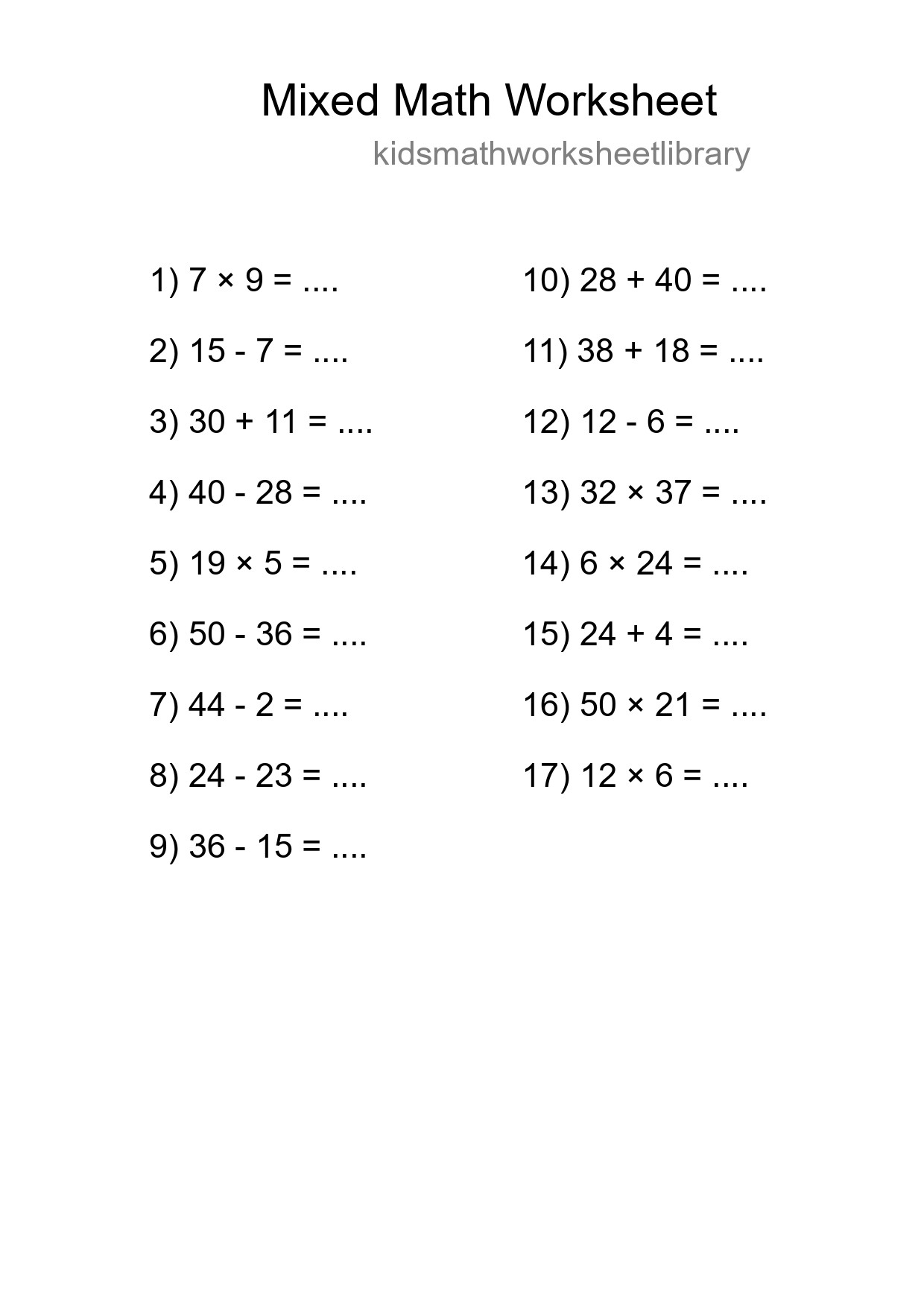Mixed Operations Math Worksheet