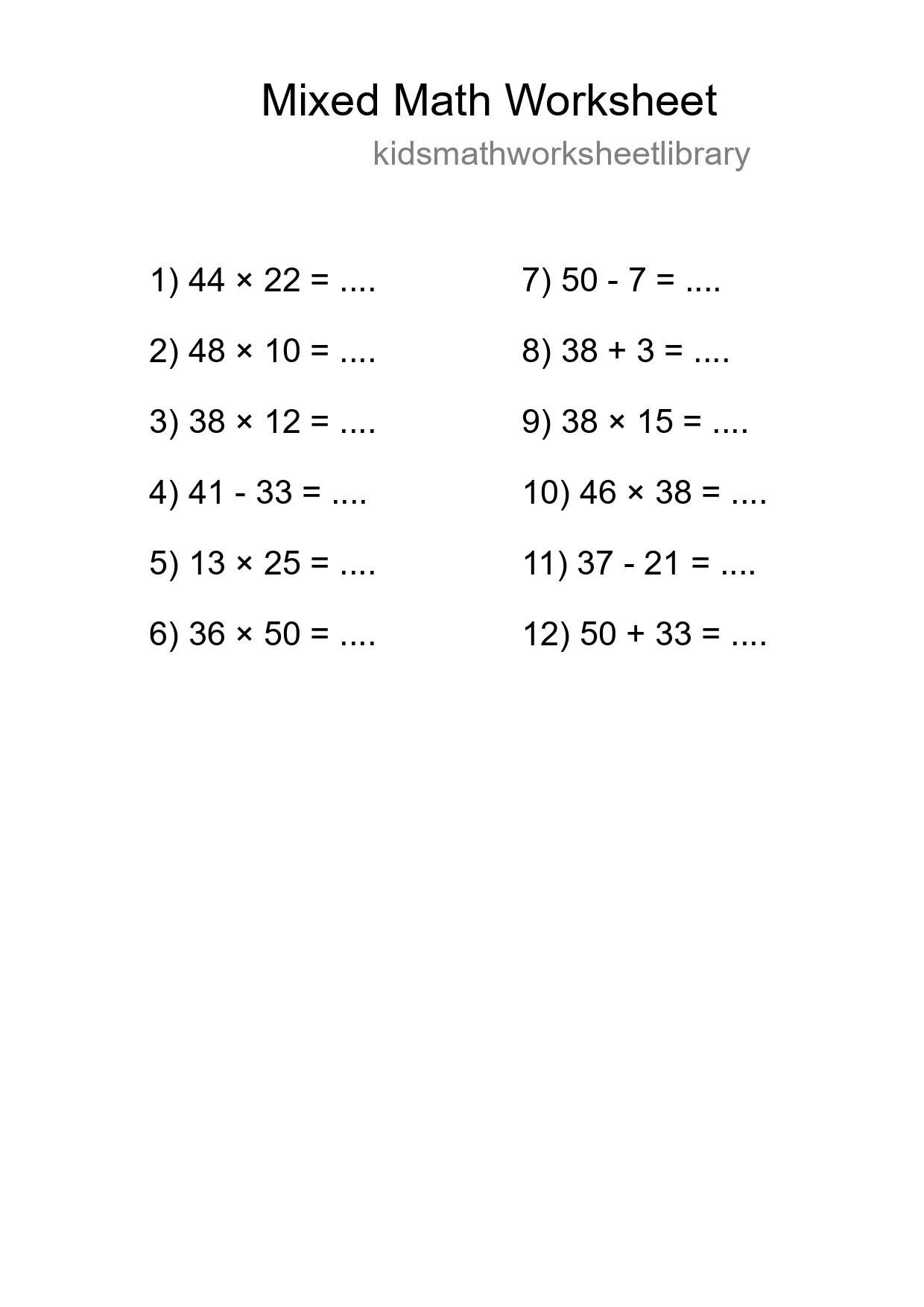 Mixed Operations Math Worksheet
