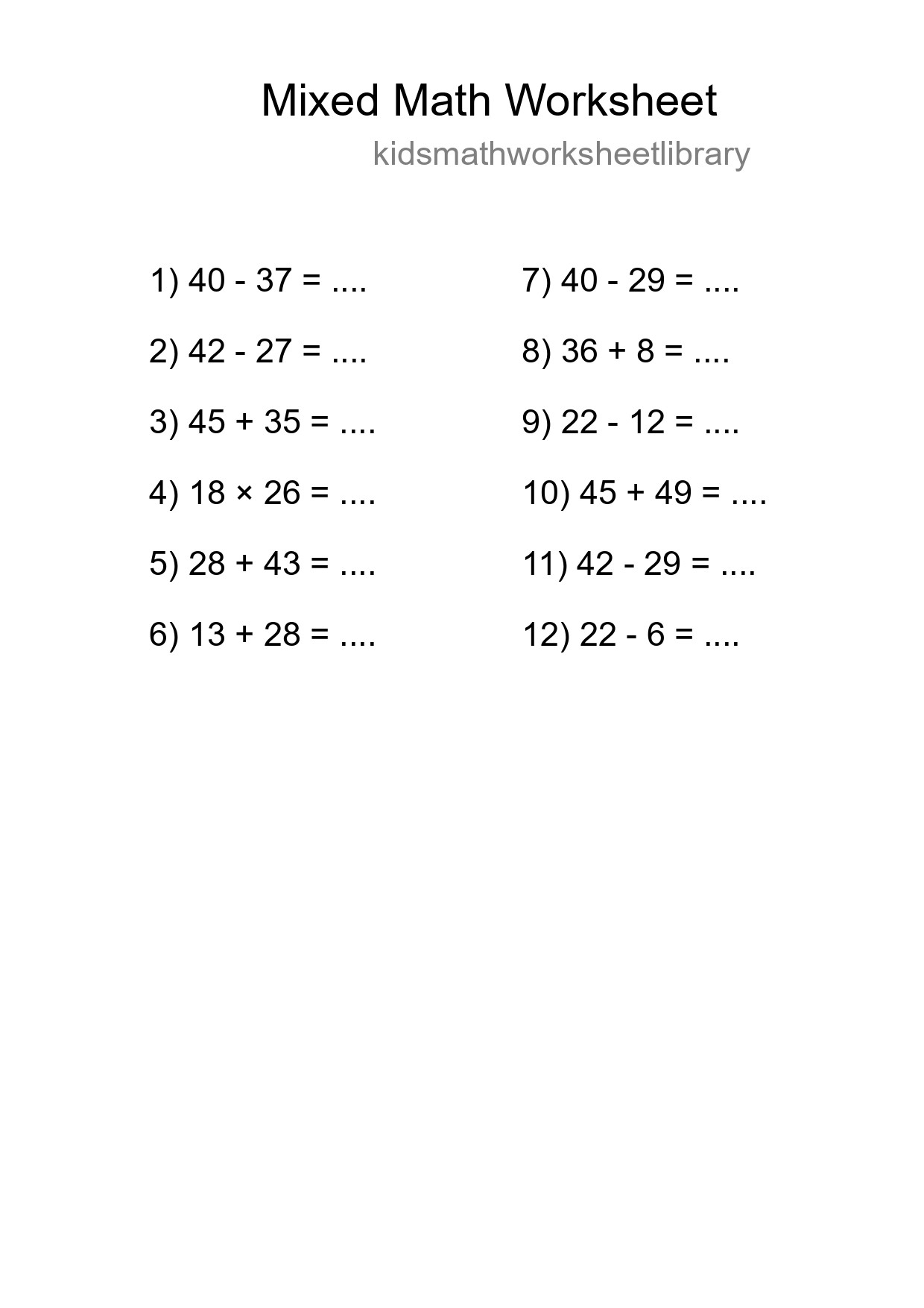 Mixed Operations Math Worksheet
