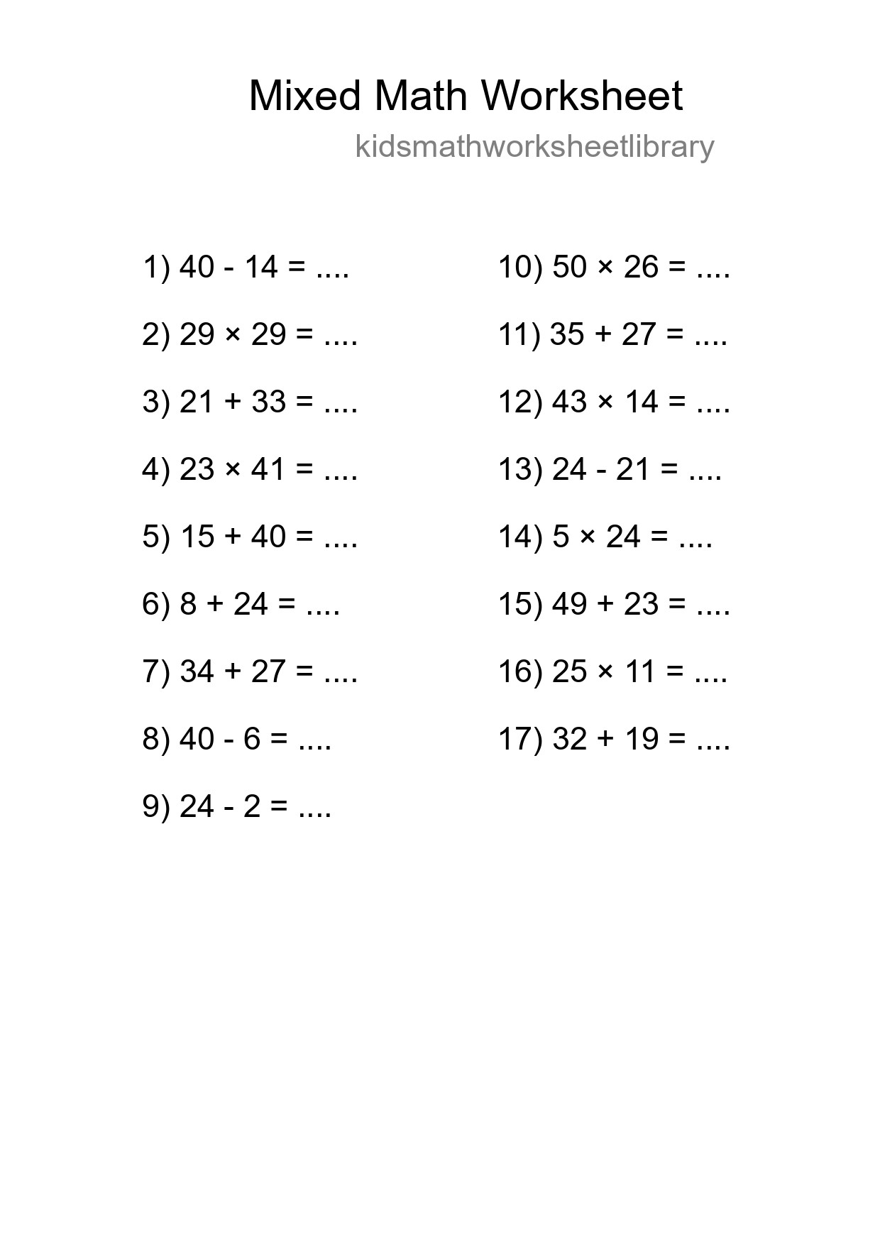 Mixed Operations Math Worksheet