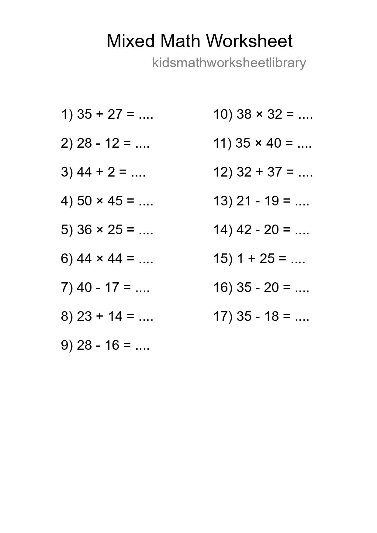 Mixed Operations Math Worksheet