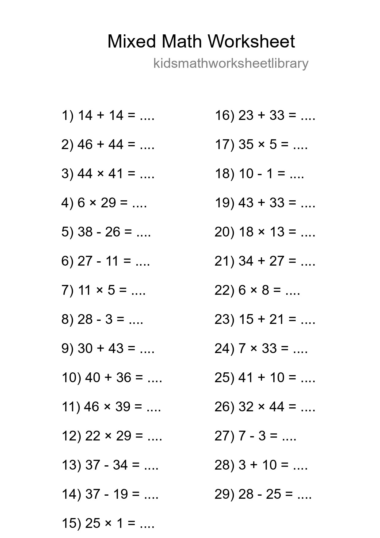 Mixed Operations Math Worksheet