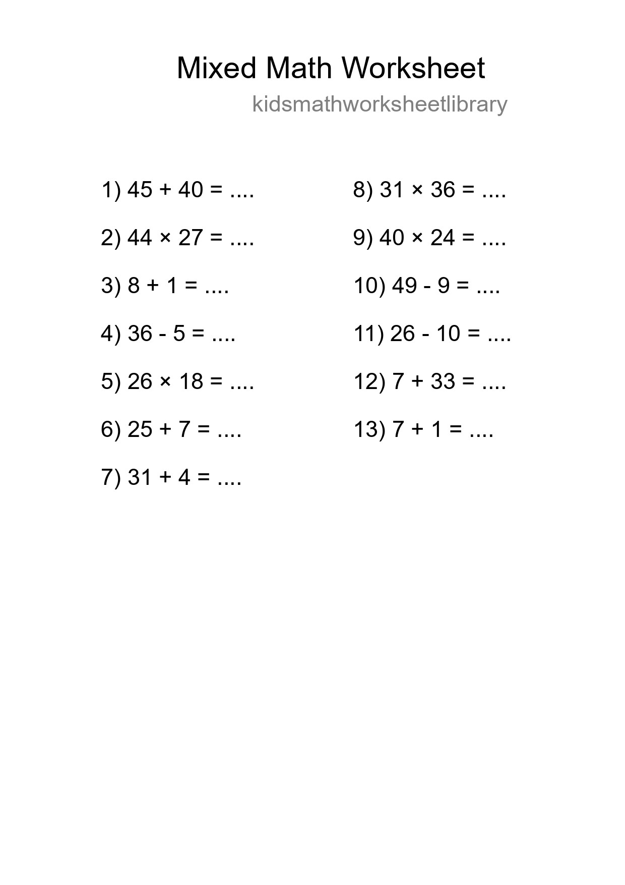 Mixed Operations Math Worksheet