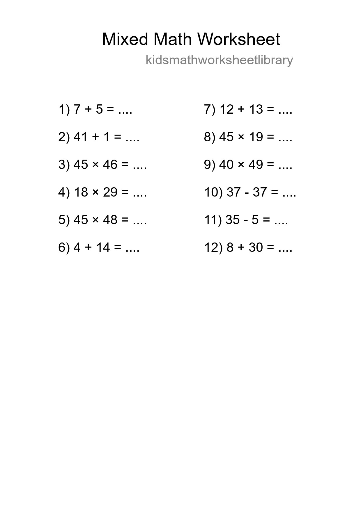 Mixed Operations Math Worksheet