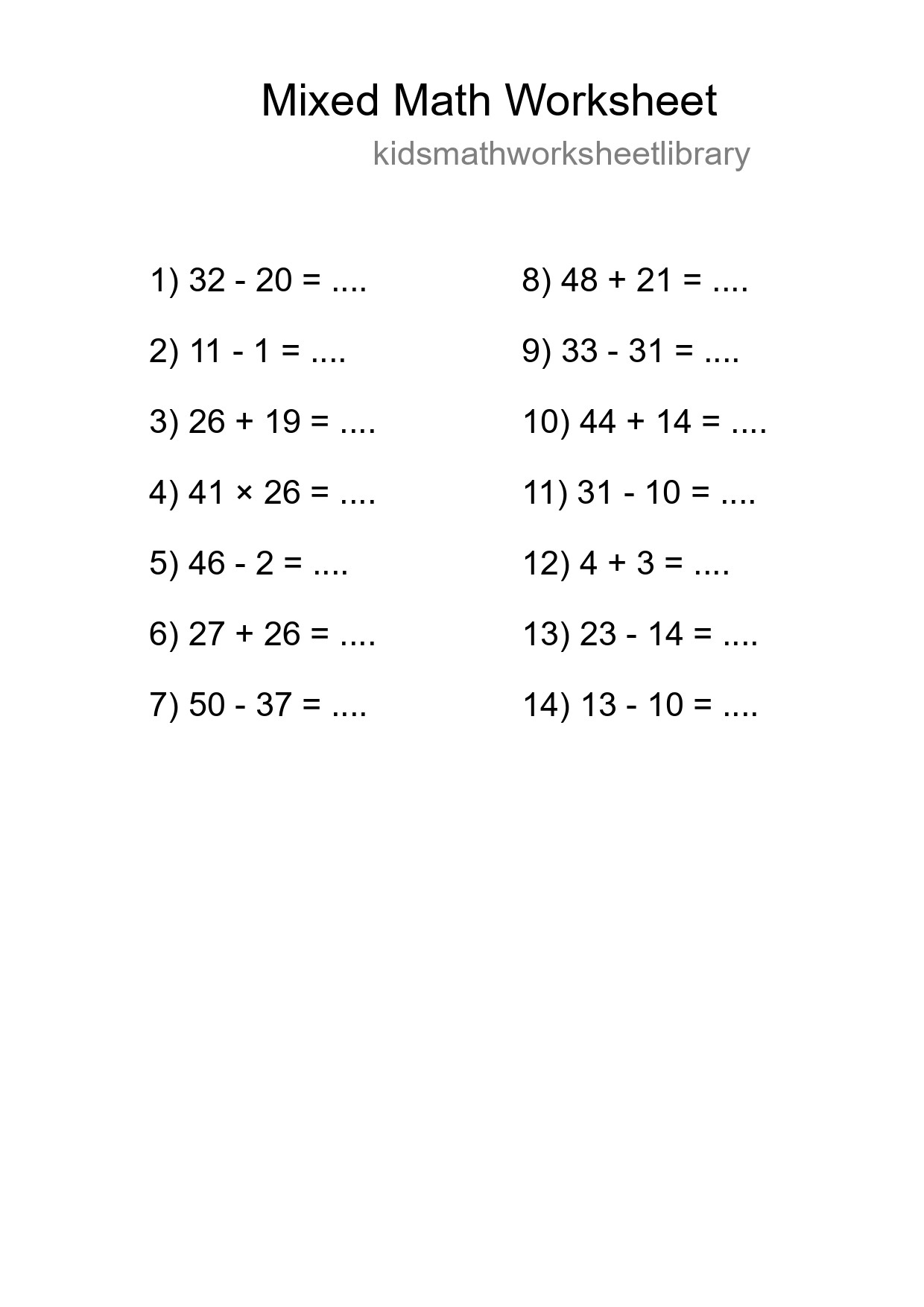 Mixed Operations Math Worksheet