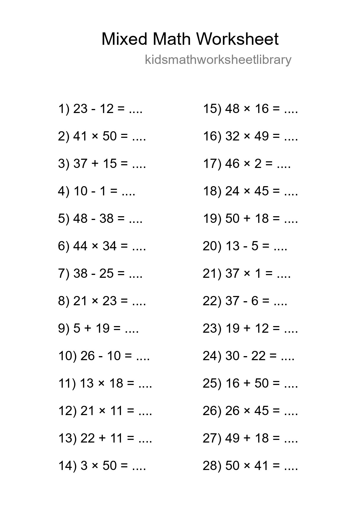 Mixed Operations Math Worksheet
